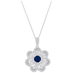 2.05 Carat Natural Blue Sapphire and Diamond Flower Pendant, 18 Karat