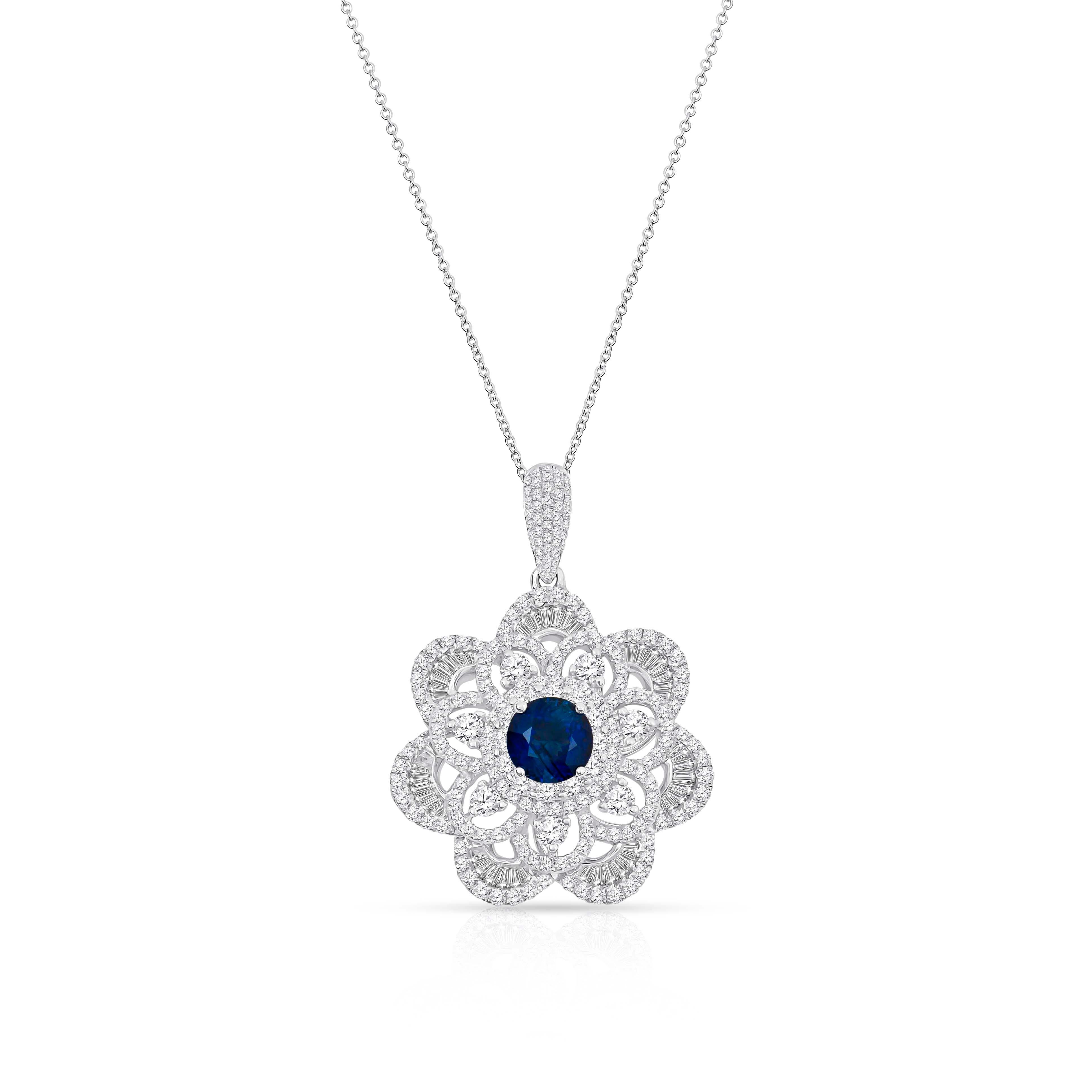 Round Cut 2.05 Carat Natural Blue Sapphire and Diamond Flower Pendant, 18 Karat
