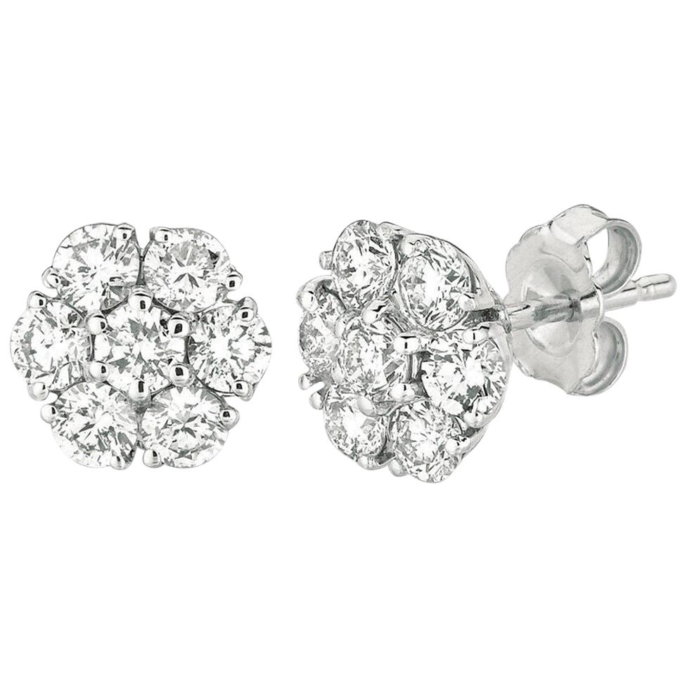2.05 Carat Natural Diamond Flower Cluster Earrings G-H SI 14 Karat White Gold