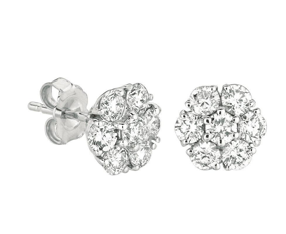 Contemporary 2.05 Carat Natural Diamond Flower Cluster Earrings G-H SI 14 Karat White Gold For Sale