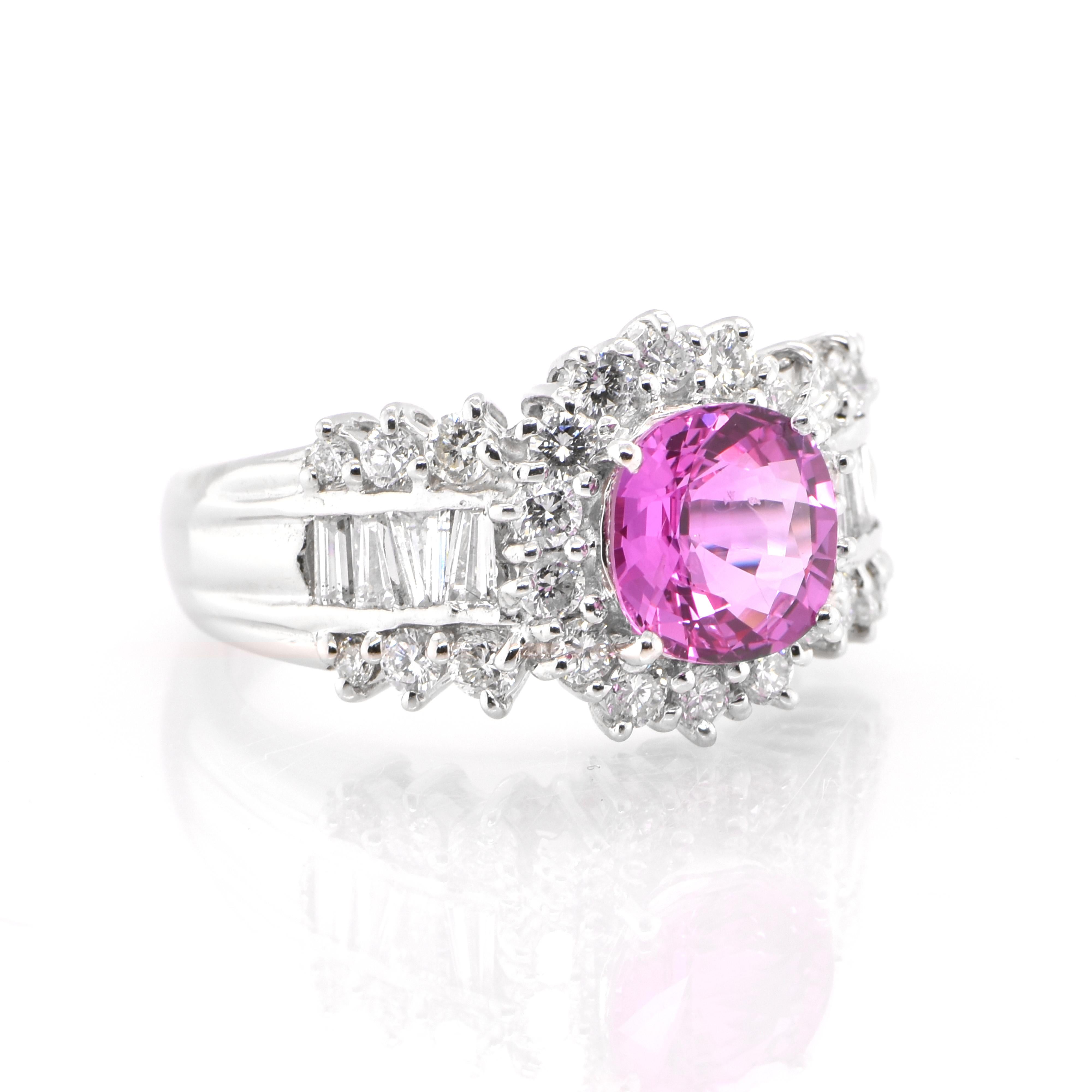 Modern 2.05 Carat, Natural Pink Sapphire and Diamond Ring Set in Platinum