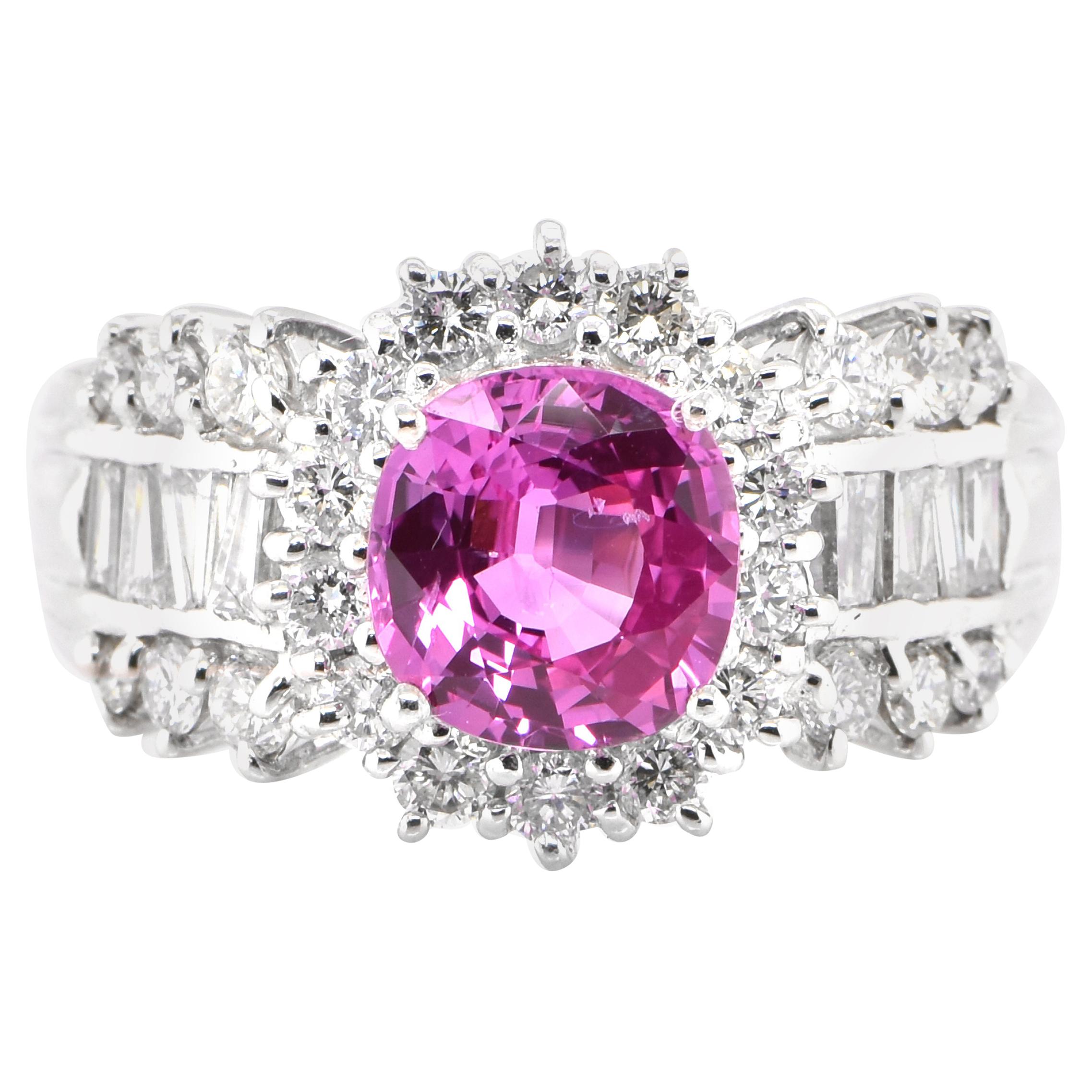 2.05 Carat, Natural Pink Sapphire and Diamond Ring Set in Platinum