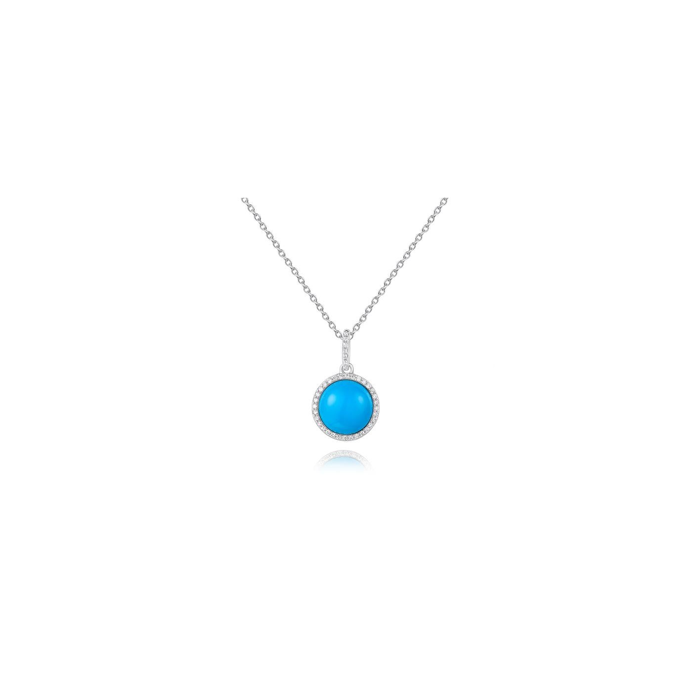 Aesthetic Movement 2.05 Carat Natural Turquoise and Diamond Necklace Pendant 14k White Gold