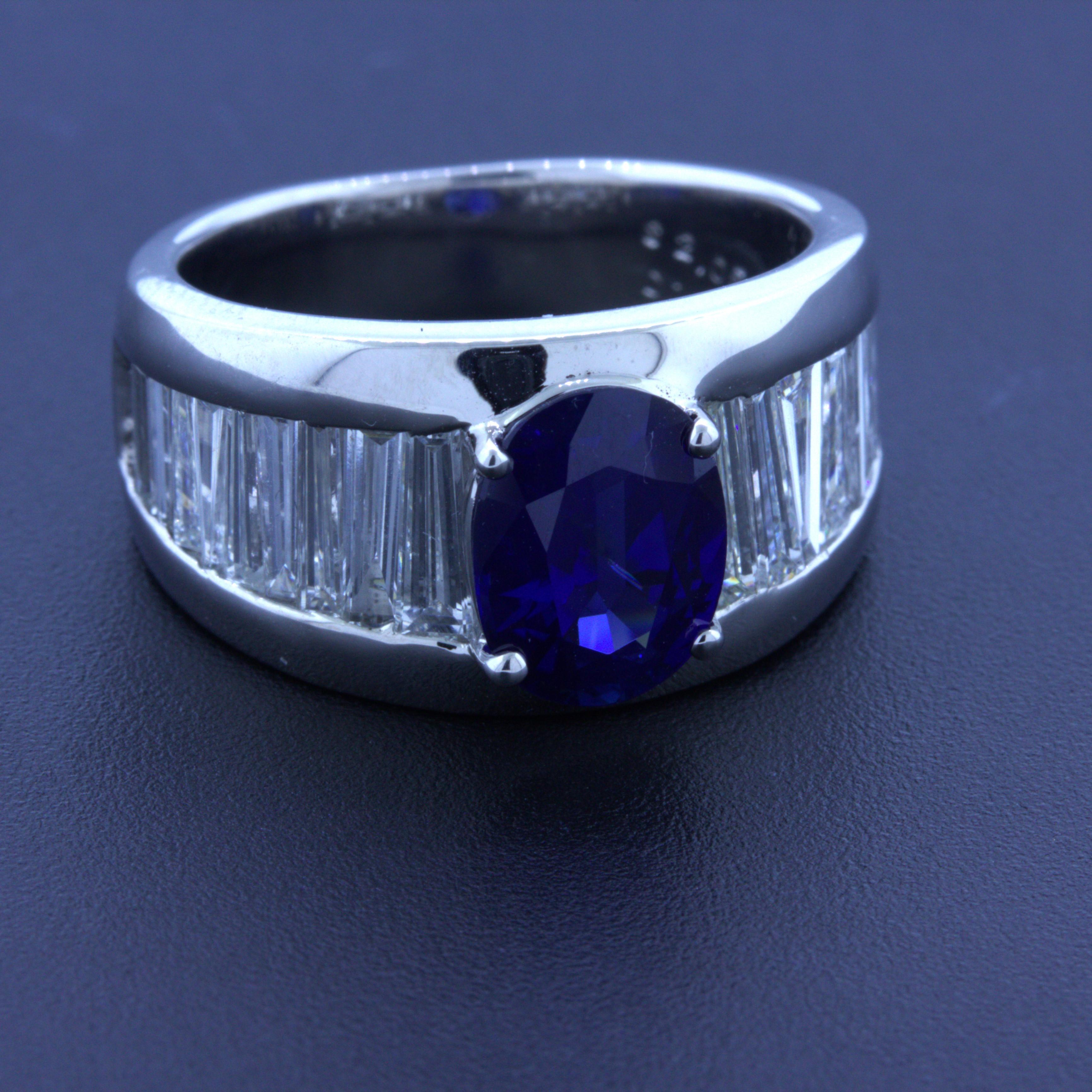 A lovely platinum ring featuring a 2.05 carat unheated sapphire certified by the GIA. The sapphire has a rich vivid blue color that is so pleasing to look at. It is also free of any eye-visible inclusions letting the stone shine brightly. It is