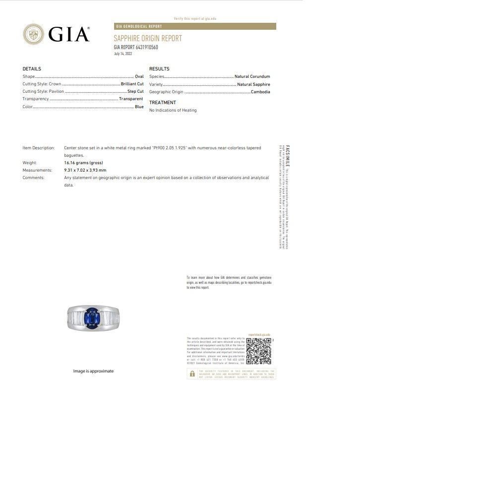 2.05 Carat No-Heat Blue Sapphire Diamond Platinum Band Ring, GIA Certified For Sale 1