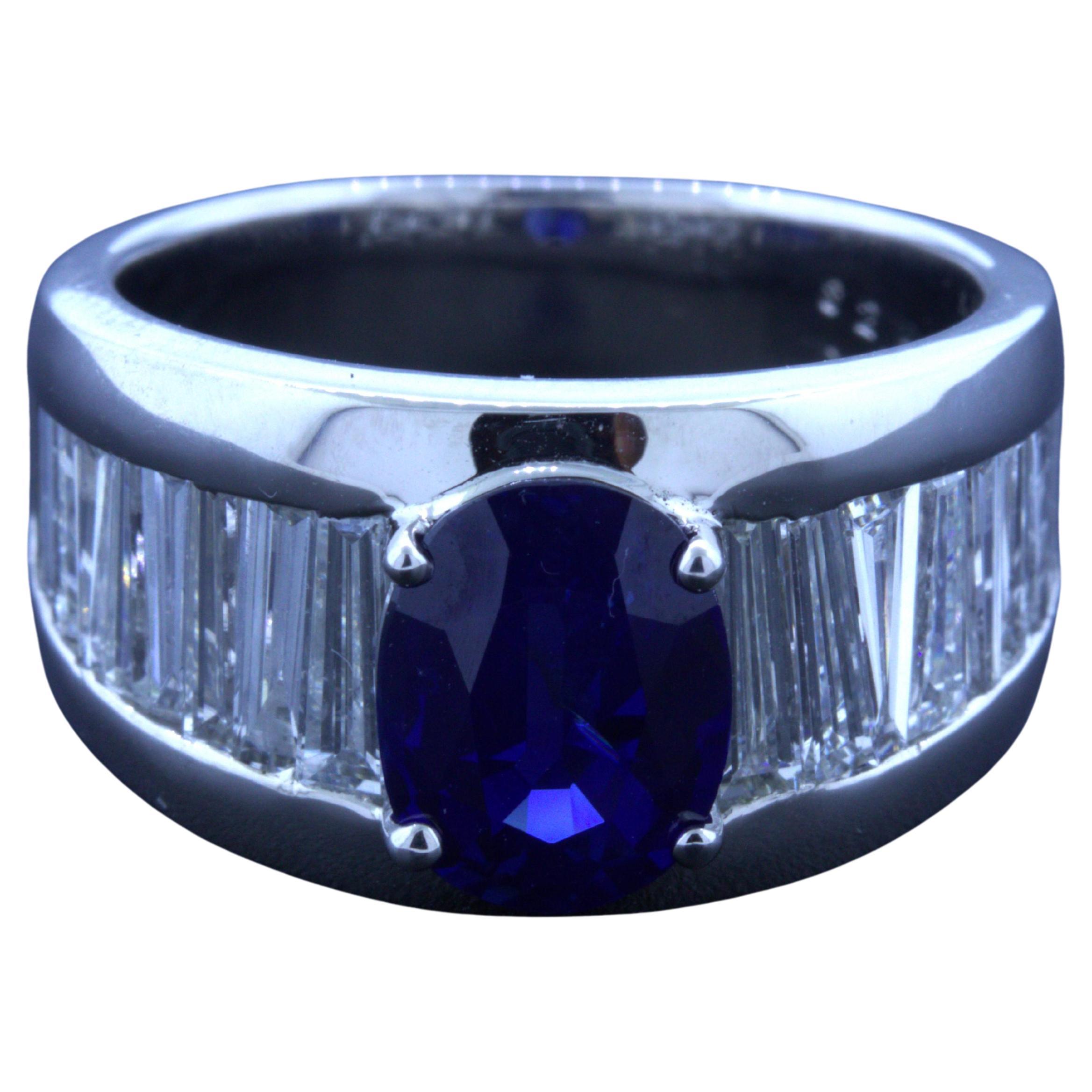 2.05 Carat No-Heat Blue Sapphire Diamond Platinum Band Ring, GIA Certified For Sale
