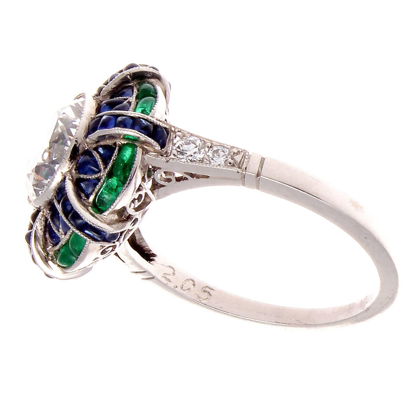 Art Deco 2.05 Carat Old European Cut Diamond Emerald Sapphire Platinum Ring