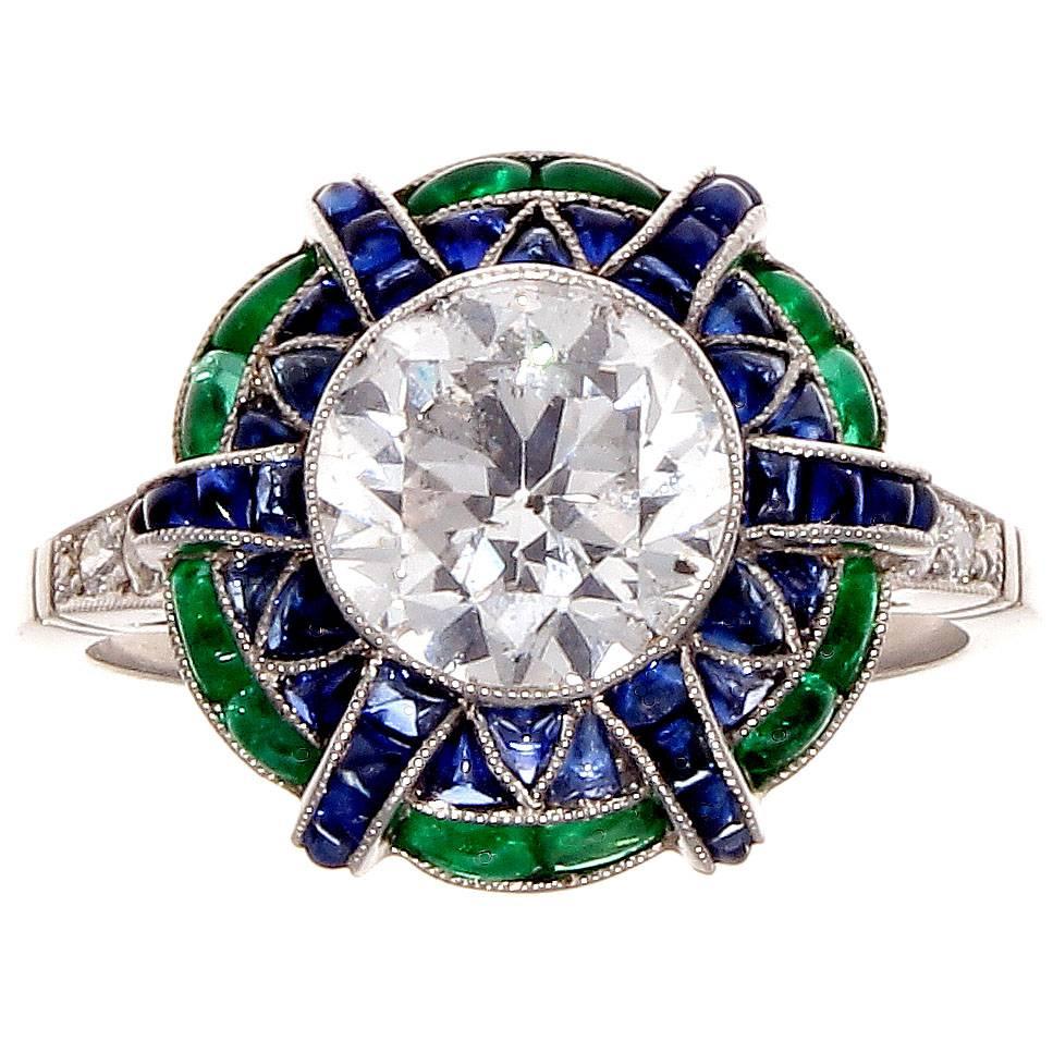 2.05 Carat Old European Cut Diamond Emerald Sapphire Platinum Ring