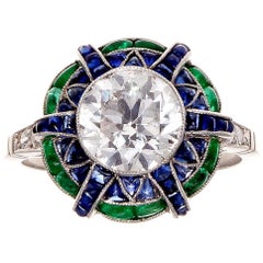 2.05 Carat Old European Cut Diamond Emerald Sapphire Platinum Ring