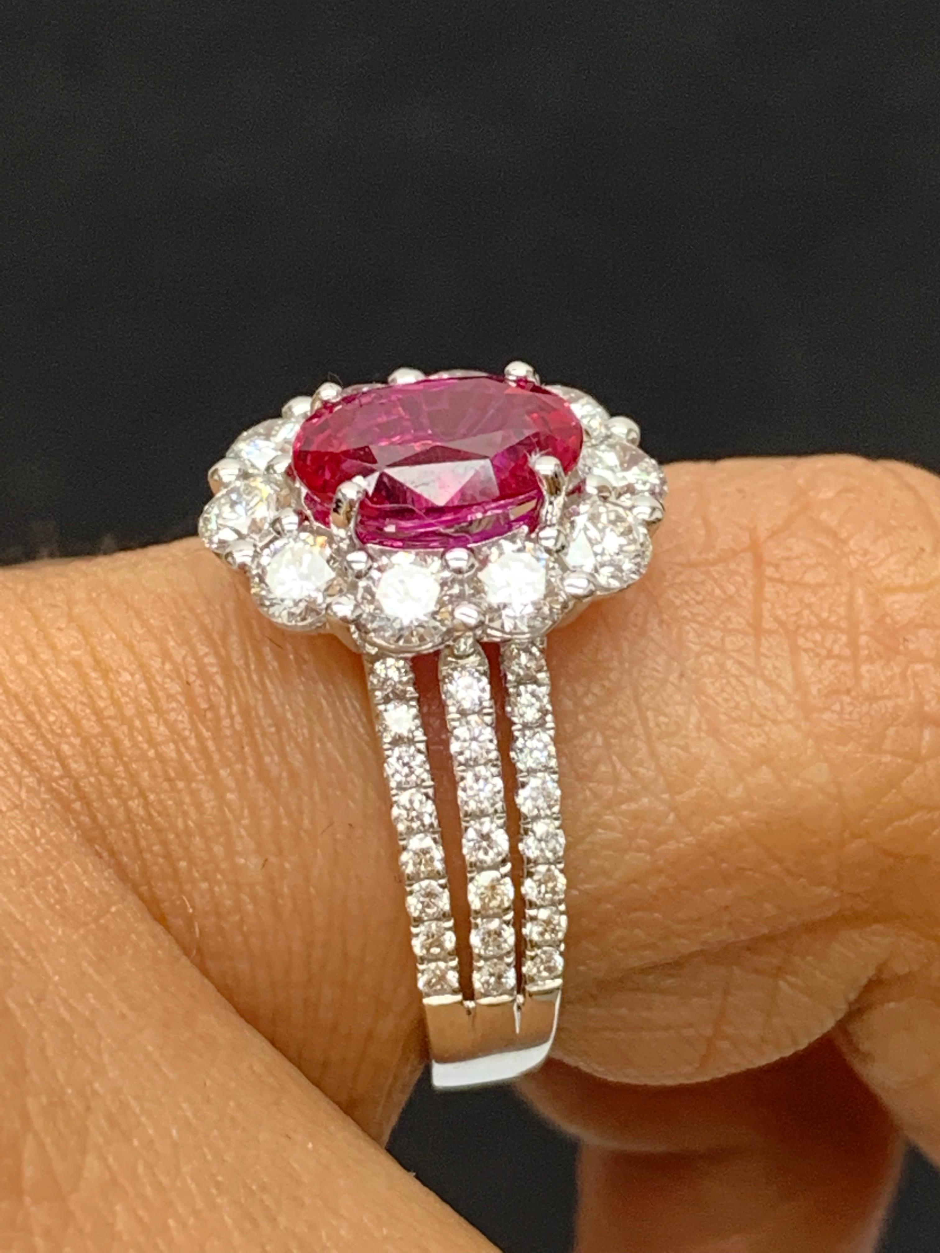 2.05 Carat Oval Cut Natural Ruby and Diamond Engagement Ring in 18K White Gold For Sale 5