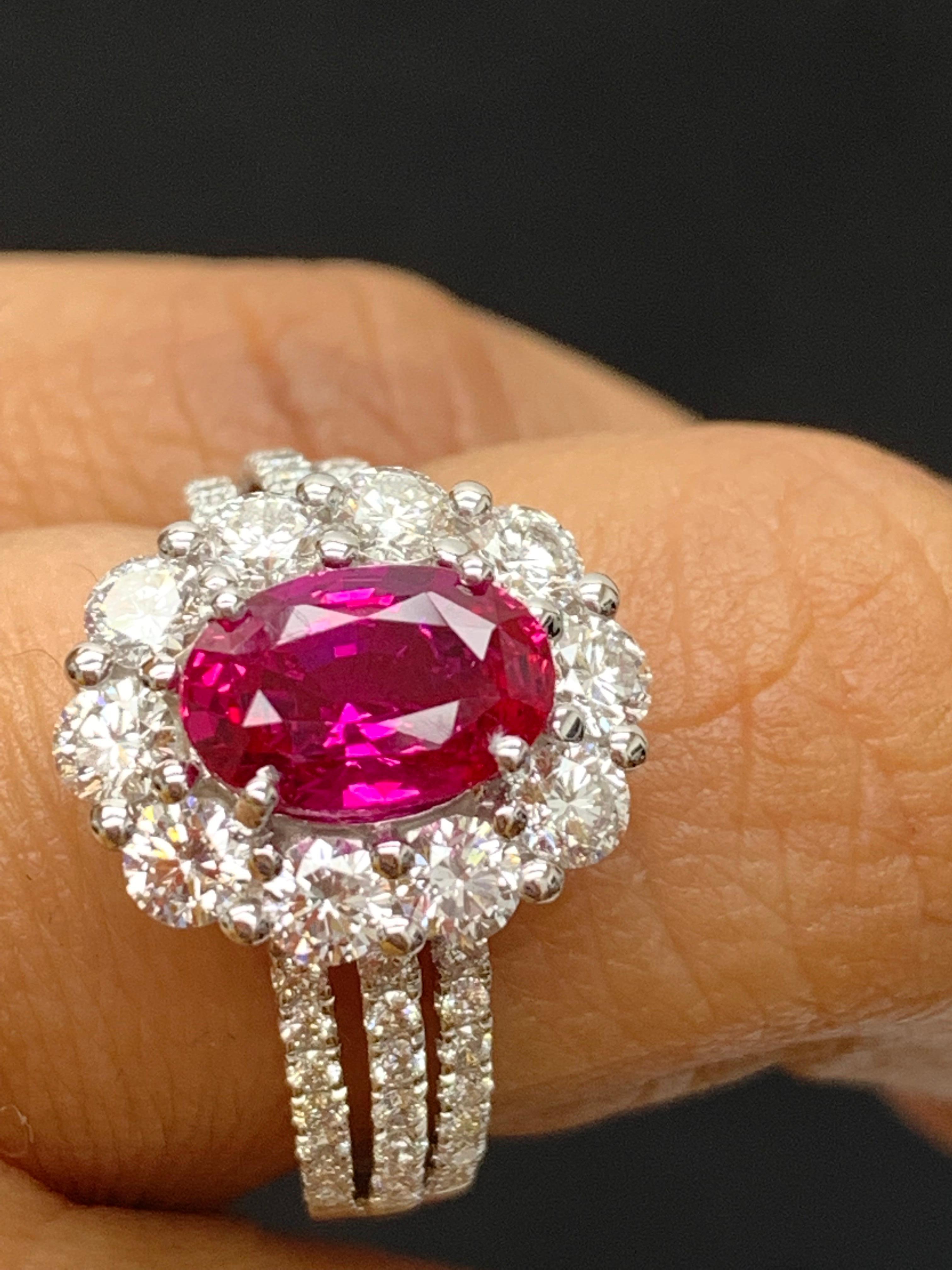 2.05 Carat Oval Cut Natural Ruby and Diamond Engagement Ring in 18K White Gold For Sale 6