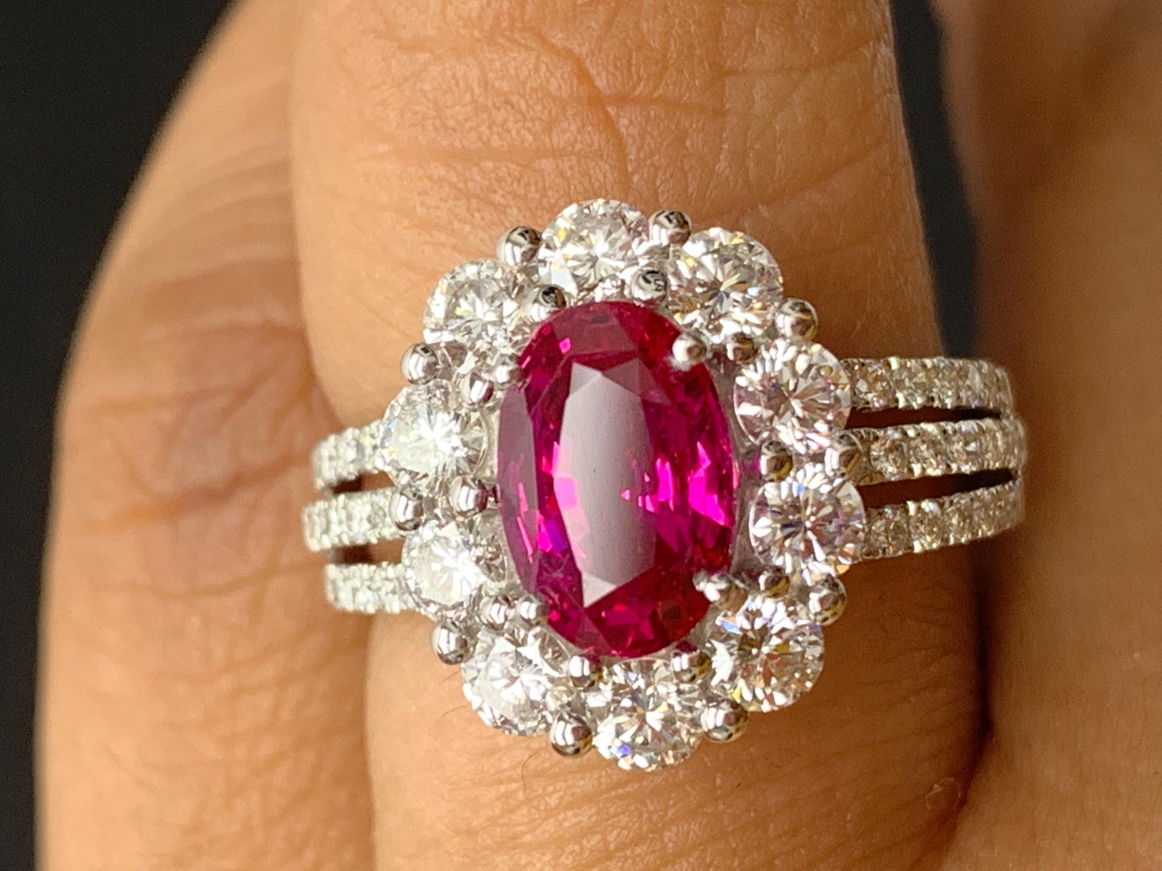 2.05 Carat Oval Cut Natural Ruby and Diamond Engagement Ring in 18K White Gold For Sale 7