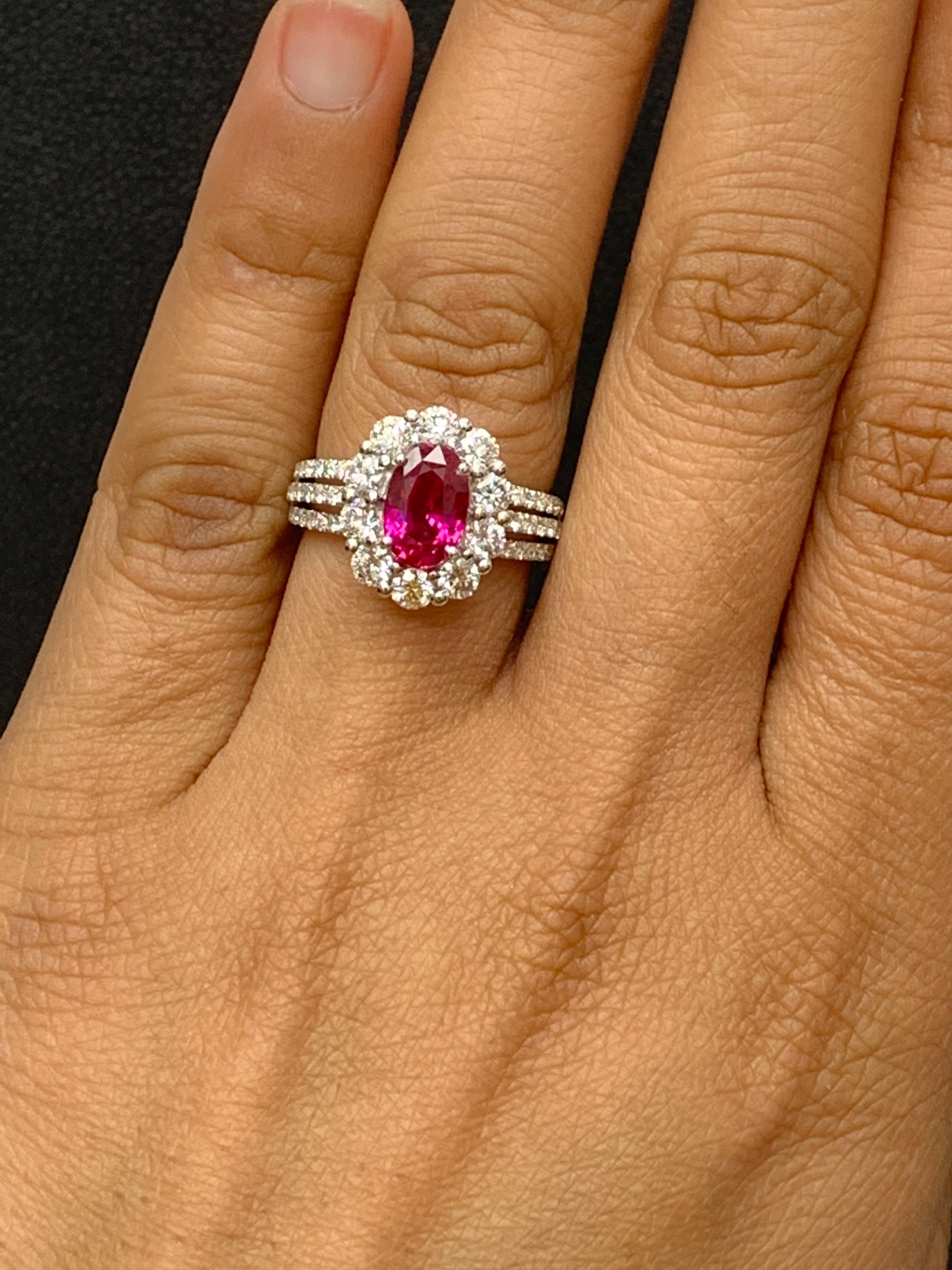 2.05 Carat Oval Cut Natural Ruby and Diamond Engagement Ring in 18K White Gold For Sale 8