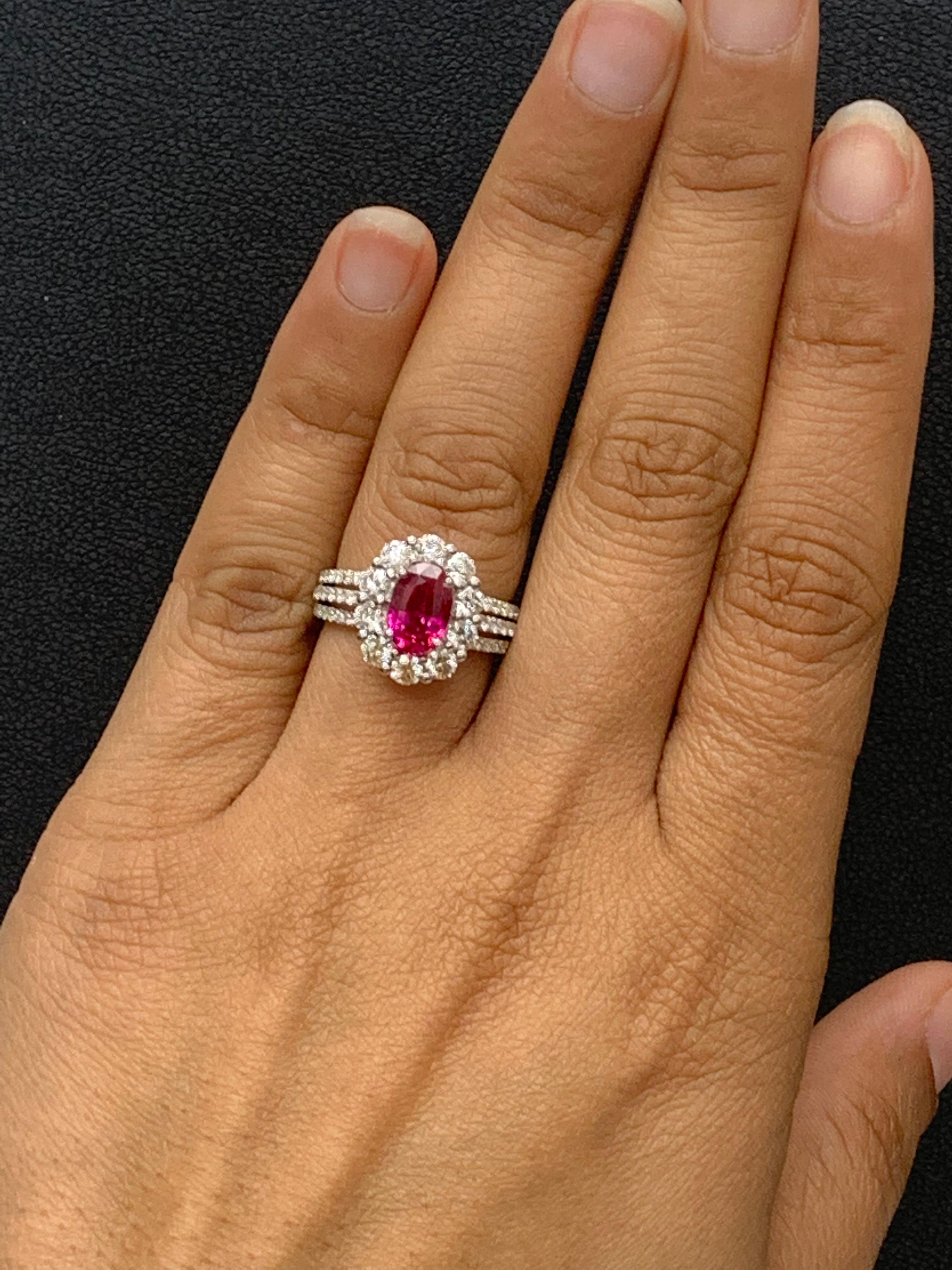 2.05 Carat Oval Cut Natural Ruby and Diamond Engagement Ring in 18K White Gold For Sale 9