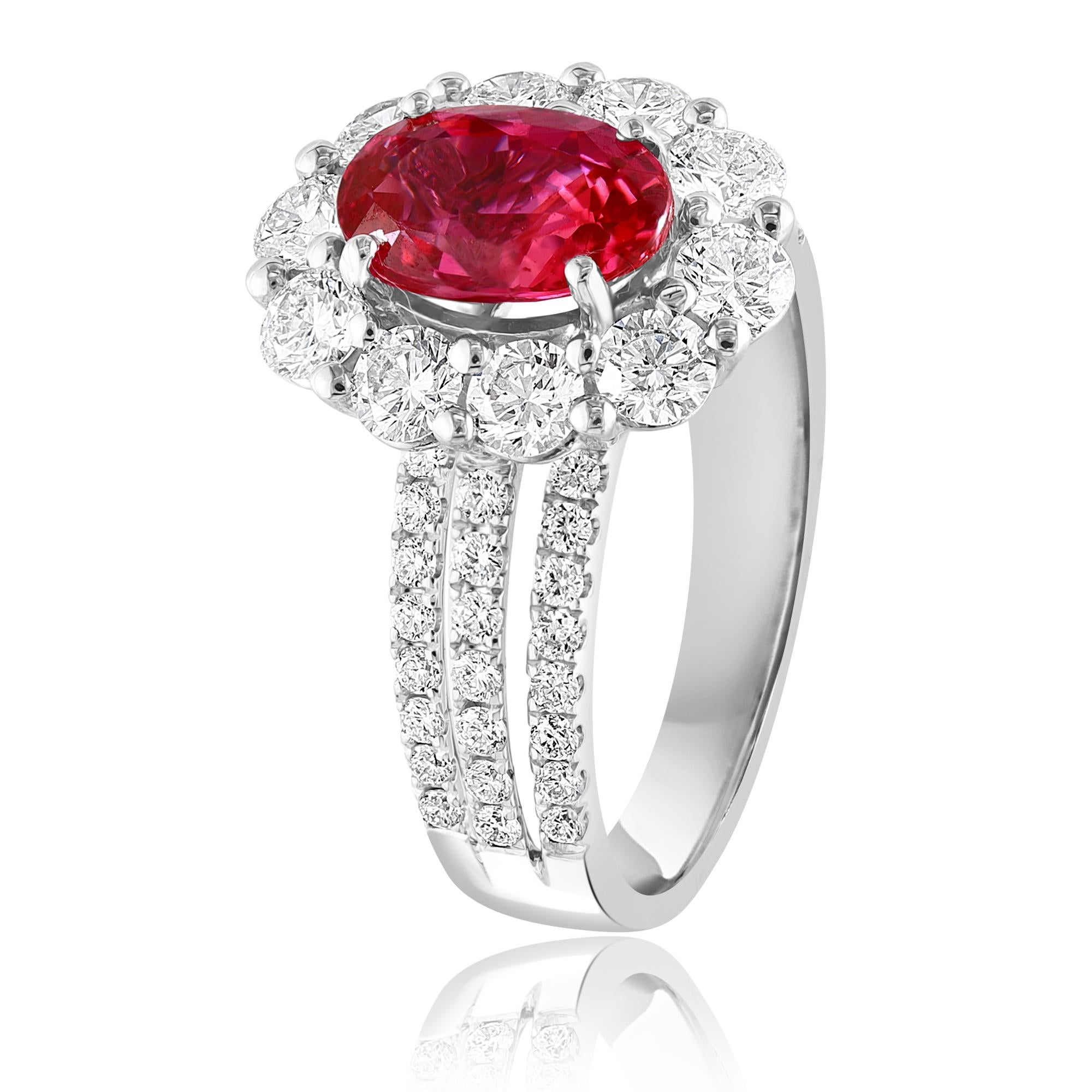 A brilliant and unique piece featuring an Oval Cut Natural Ruby and brilliant-cut round shape diamonds.
The natural ruby in the center weighs 2.05 carats total; 10 round brilliant diamonds surrounding the center stone weigh 1.09 carats total. 46