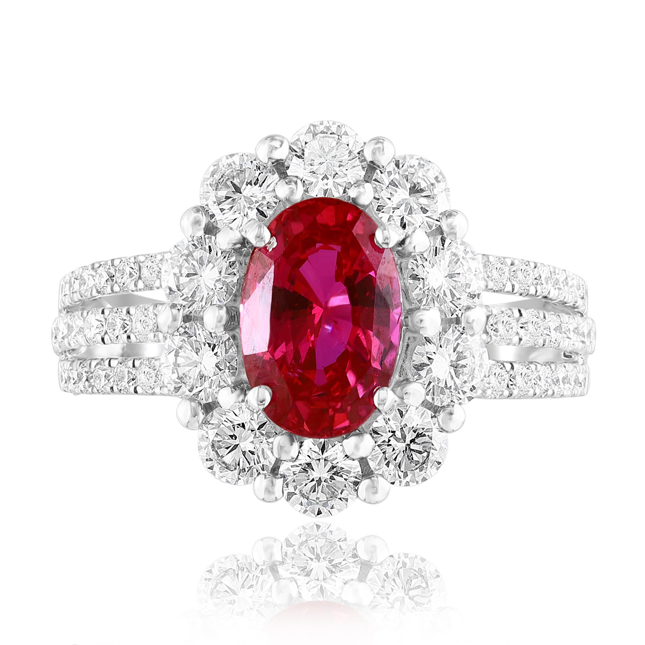 Modern 2.05 Carat Oval Cut Natural Ruby and Diamond Engagement Ring in 18K White Gold For Sale