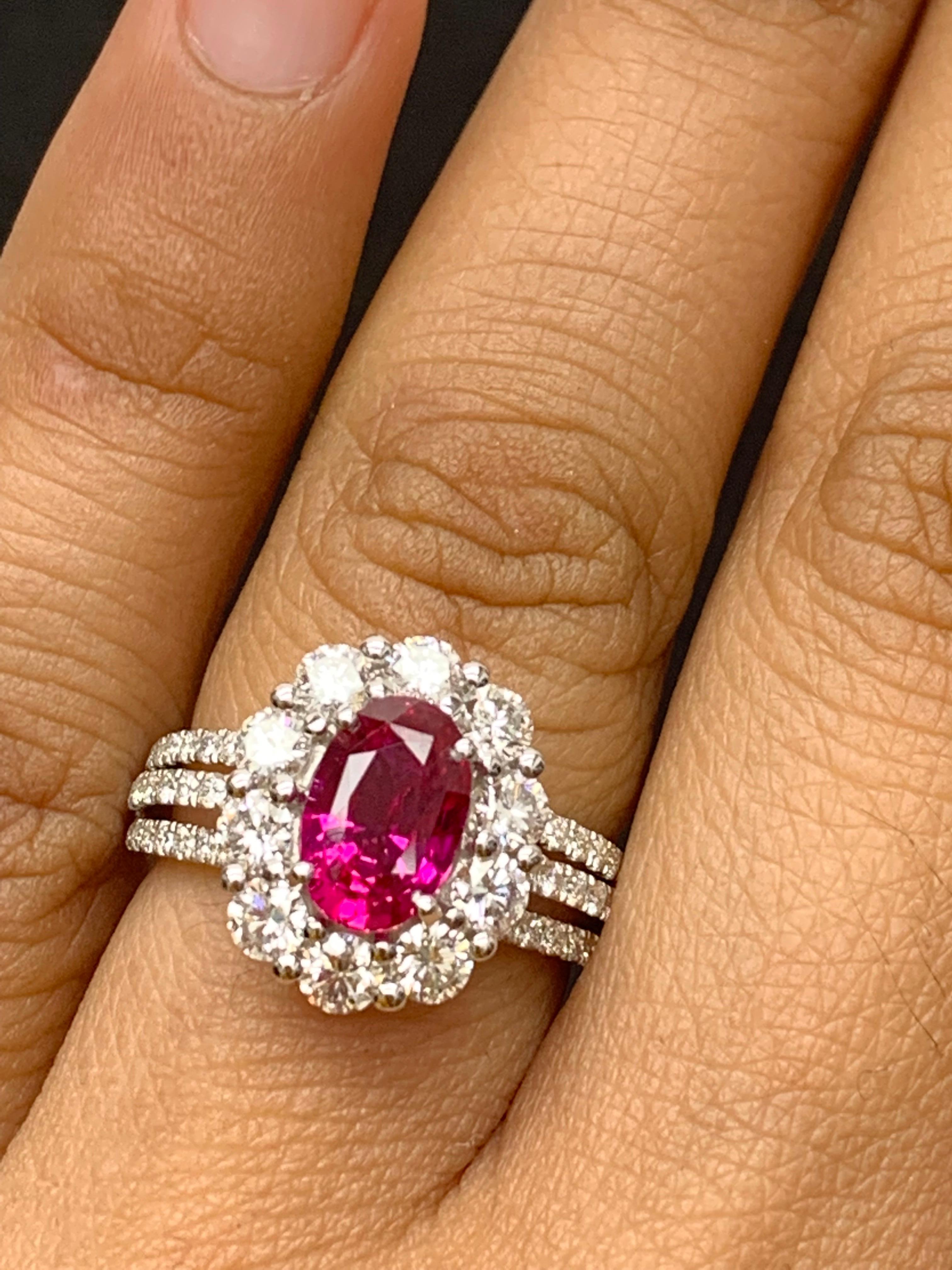 Women's 2.05 Carat Oval Cut Natural Ruby and Diamond Engagement Ring in 18K White Gold For Sale