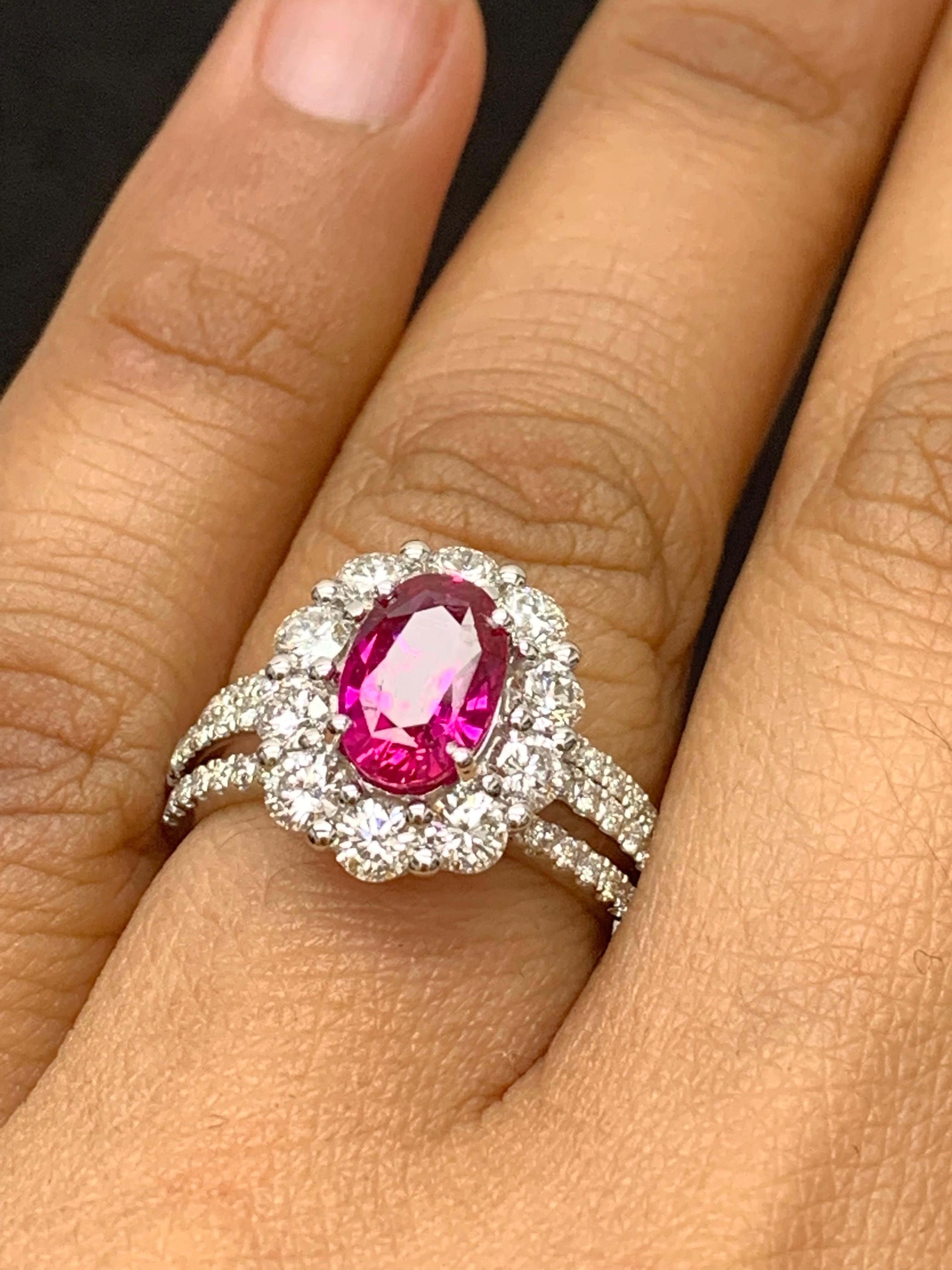 2.05 Carat Oval Cut Natural Ruby and Diamond Engagement Ring in 18K White Gold For Sale 1