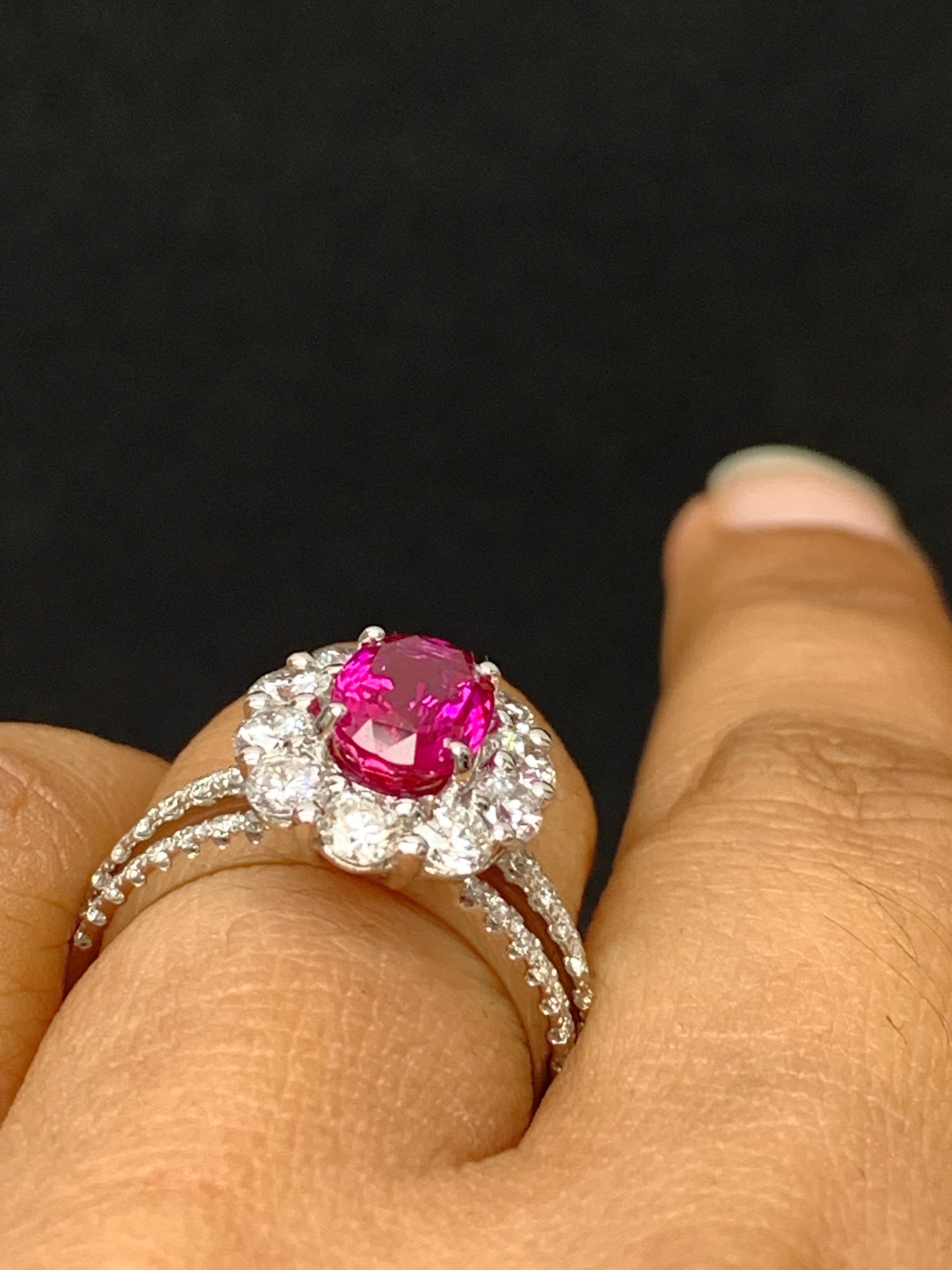 2.05 Carat Oval Cut Natural Ruby and Diamond Engagement Ring in 18K White Gold For Sale 2