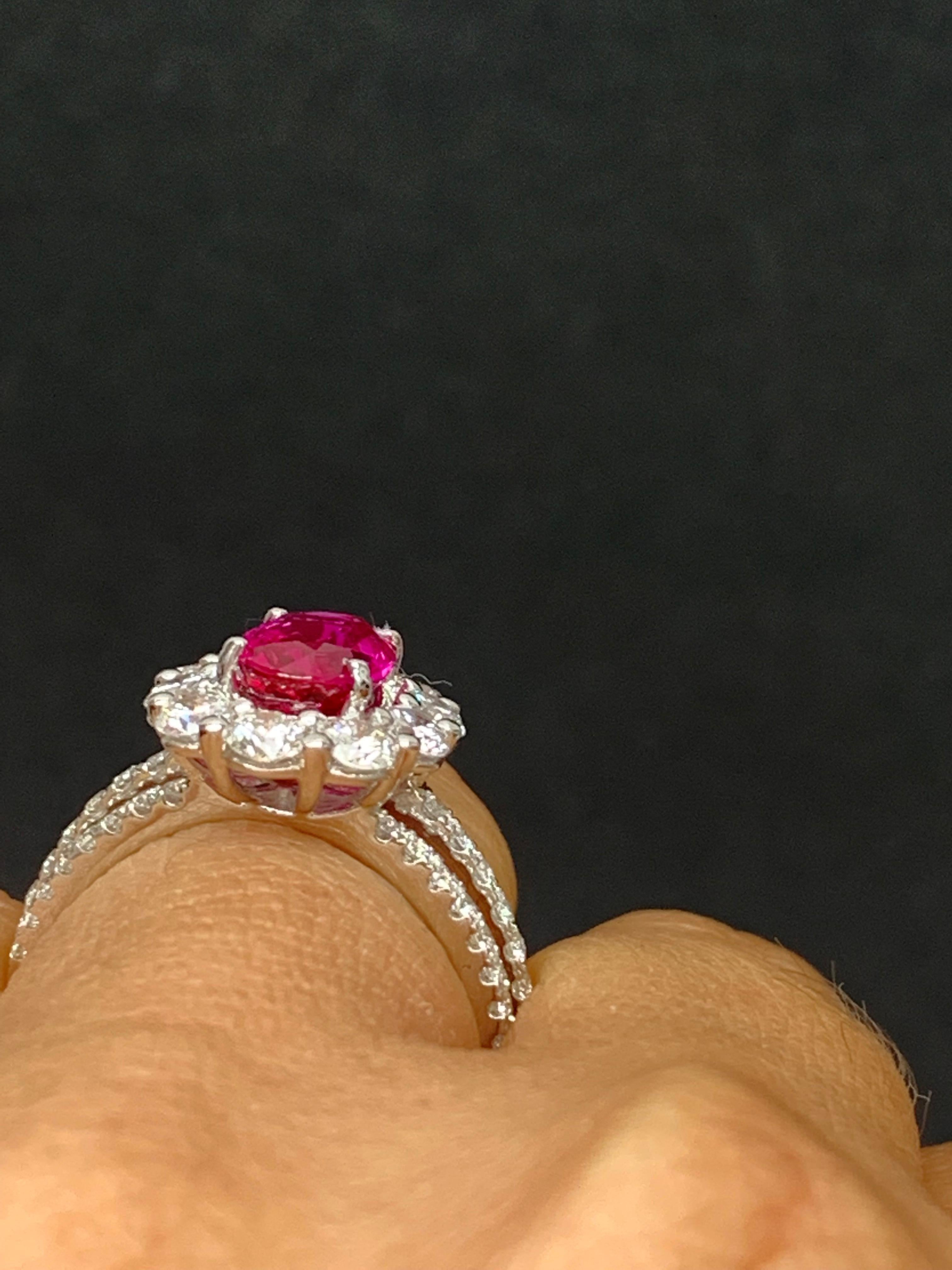 2.05 Carat Oval Cut Natural Ruby and Diamond Engagement Ring in 18K White Gold For Sale 3