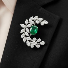 2.05 Carat Oval Emerald Brooch Peacock Pendant 18k White Gold 3.40 Carat Diamond