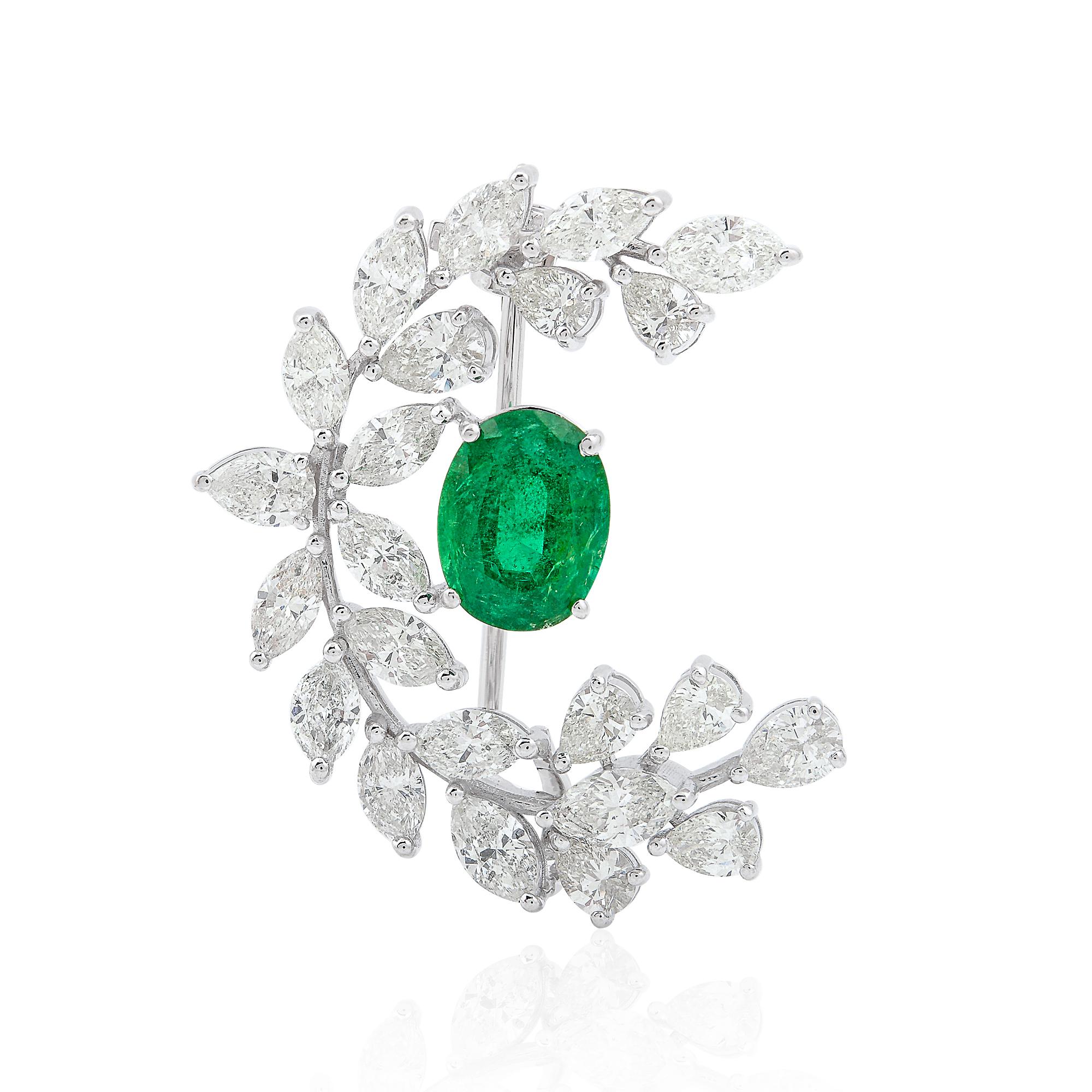2.05 Carat Oval Emerald Brooch Peacock Pendant 18k White Gold 3.40 Carat Diamond