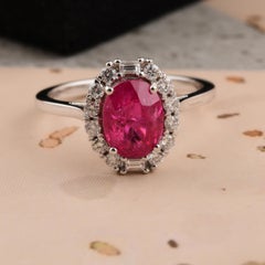 2.05 Carat Oval Ruby Halo Ring 0.32 Carat SI/H Diamond 14 Karat White Gold