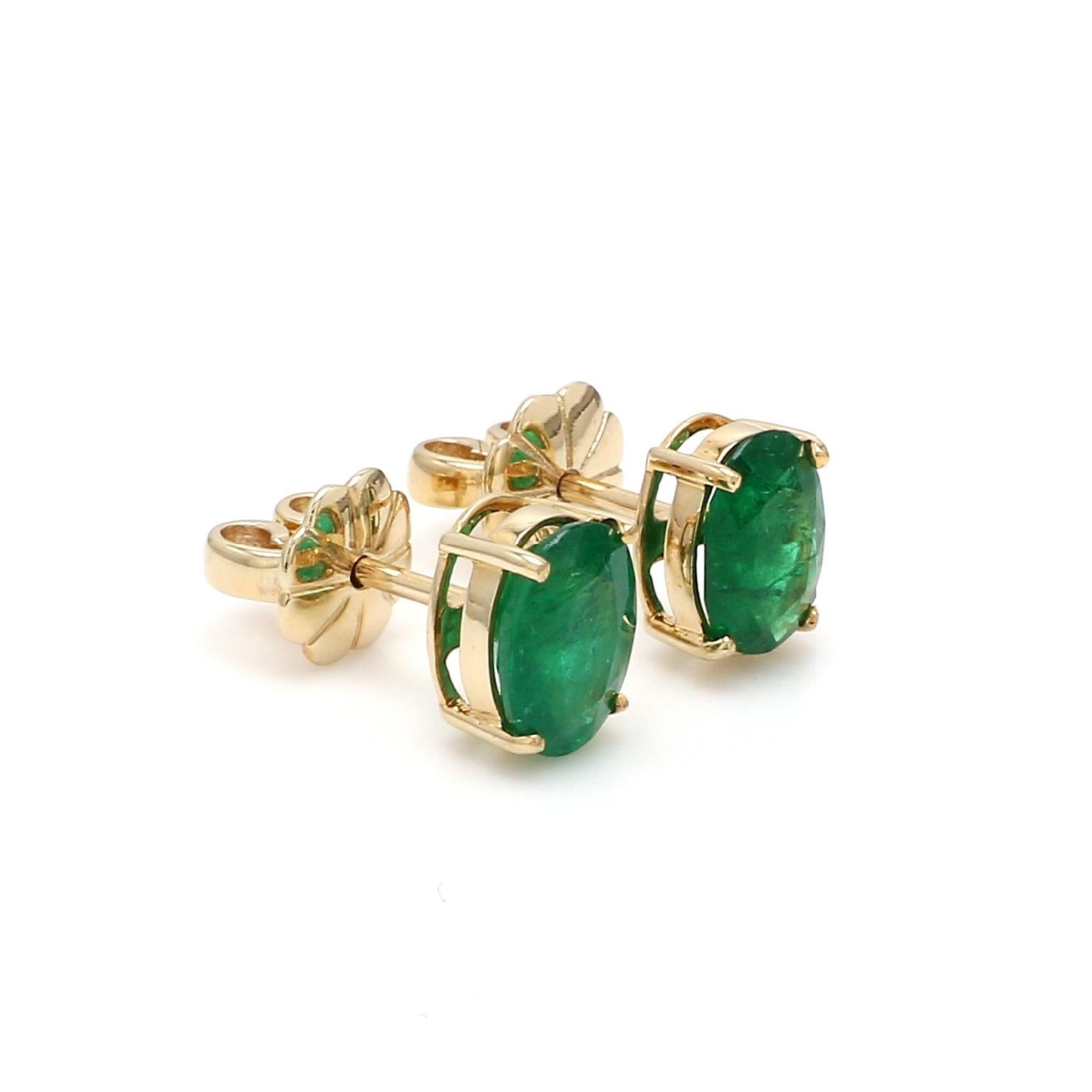 Modern 2.05 Carat Oval Natural Emerald Gemstone Stud Earrings 18k Yellow Gold Jewelry For Sale