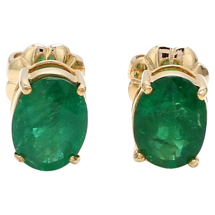 2.05 Carat Oval Natural Emerald Gemstone Stud Earrings 18k Yellow Gold Jewelry For Sale