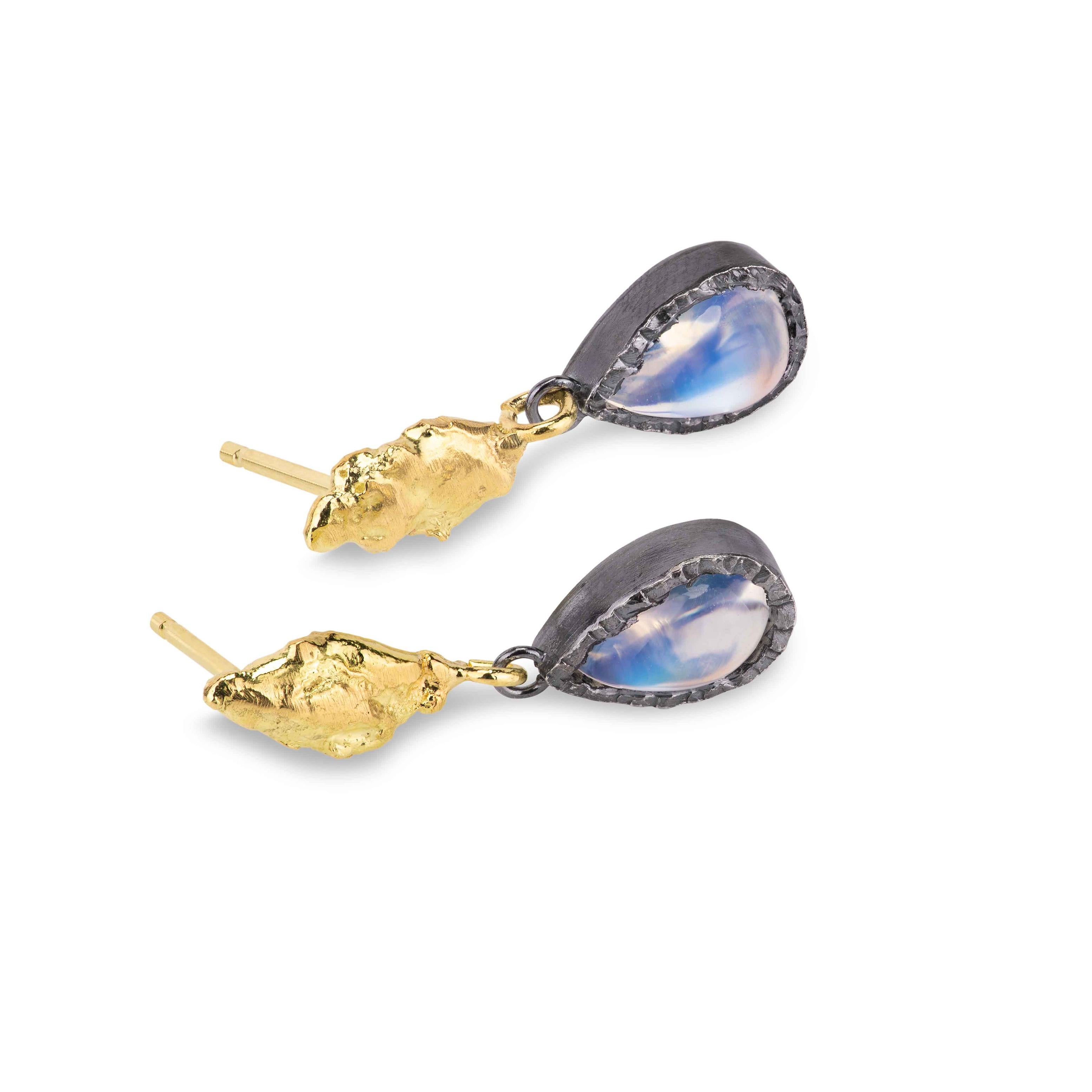 Modern 2.05 Carat Rainbow Moonstone 18k Gold and Silver Statement Drop Earrings For Sale