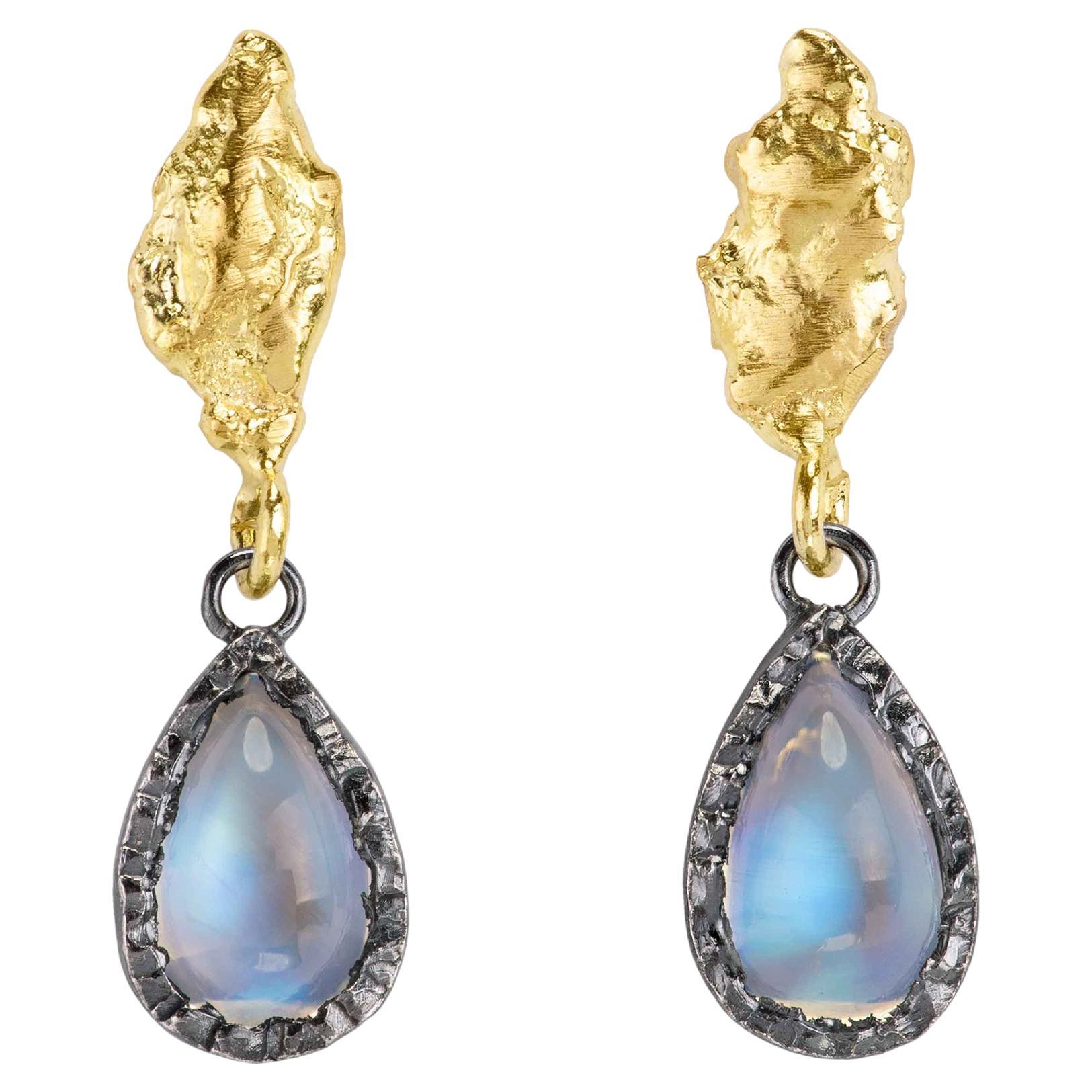 2.05 Carat Rainbow Moonstone 18k Gold and Silver Statement Drop Earrings For Sale