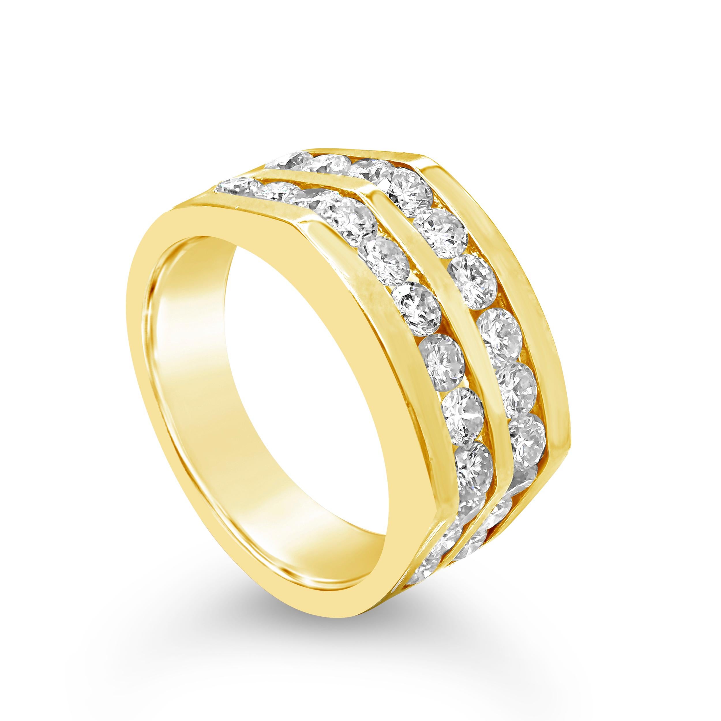 A modern ring design showcasing two rows of round diamonds weighing 2.05 carats total. Half-way channel set in a geometric design. Made with 14K Yellow Gold. Size 8.5 US.

Style available in different price ranges. Prices are based on your