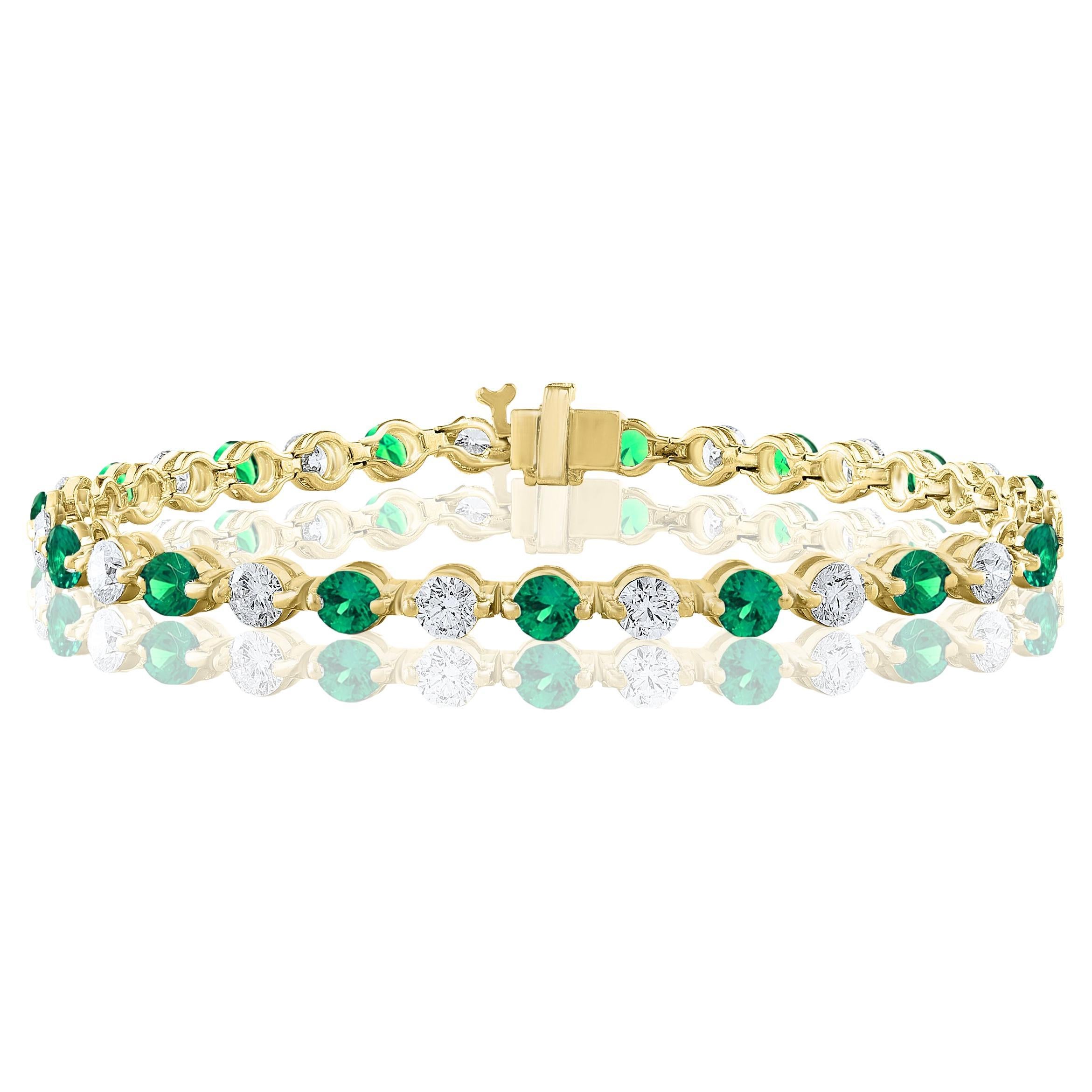 2.05 Carat Round Emerald and Diamond Bracelet in 14K Yellow Gold For Sale