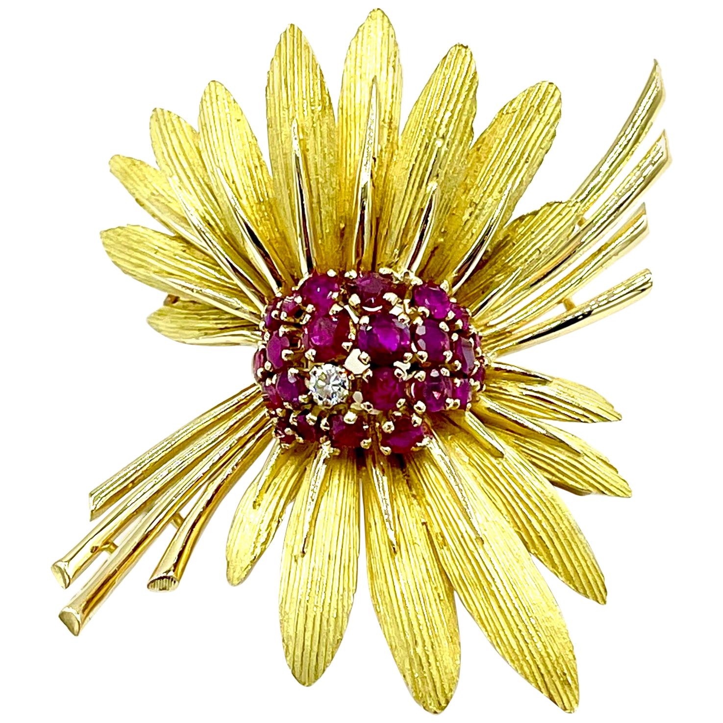 2.05 Carat Round Ruby and Round Brilliant Diamond 18k Yellow Feathered Brooch For Sale