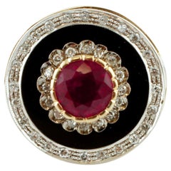 2.05 Carat Ruby, Diamonds, Onyx, Rose and White Gold Fashion Ring