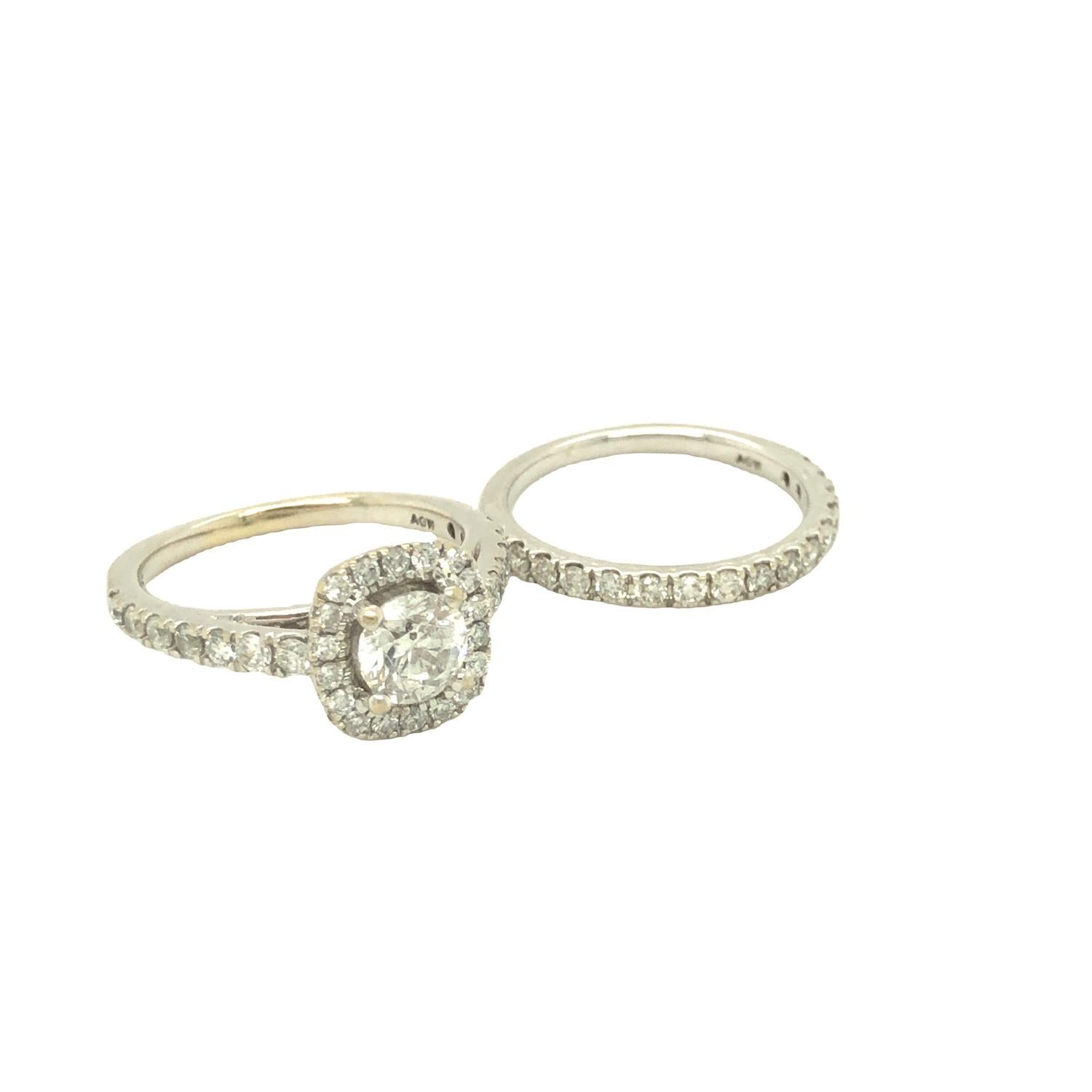 Round Cut 2.05 Carat Total Round Diamond Halo Engagement Ring & Band Bridal Set 14K White For Sale