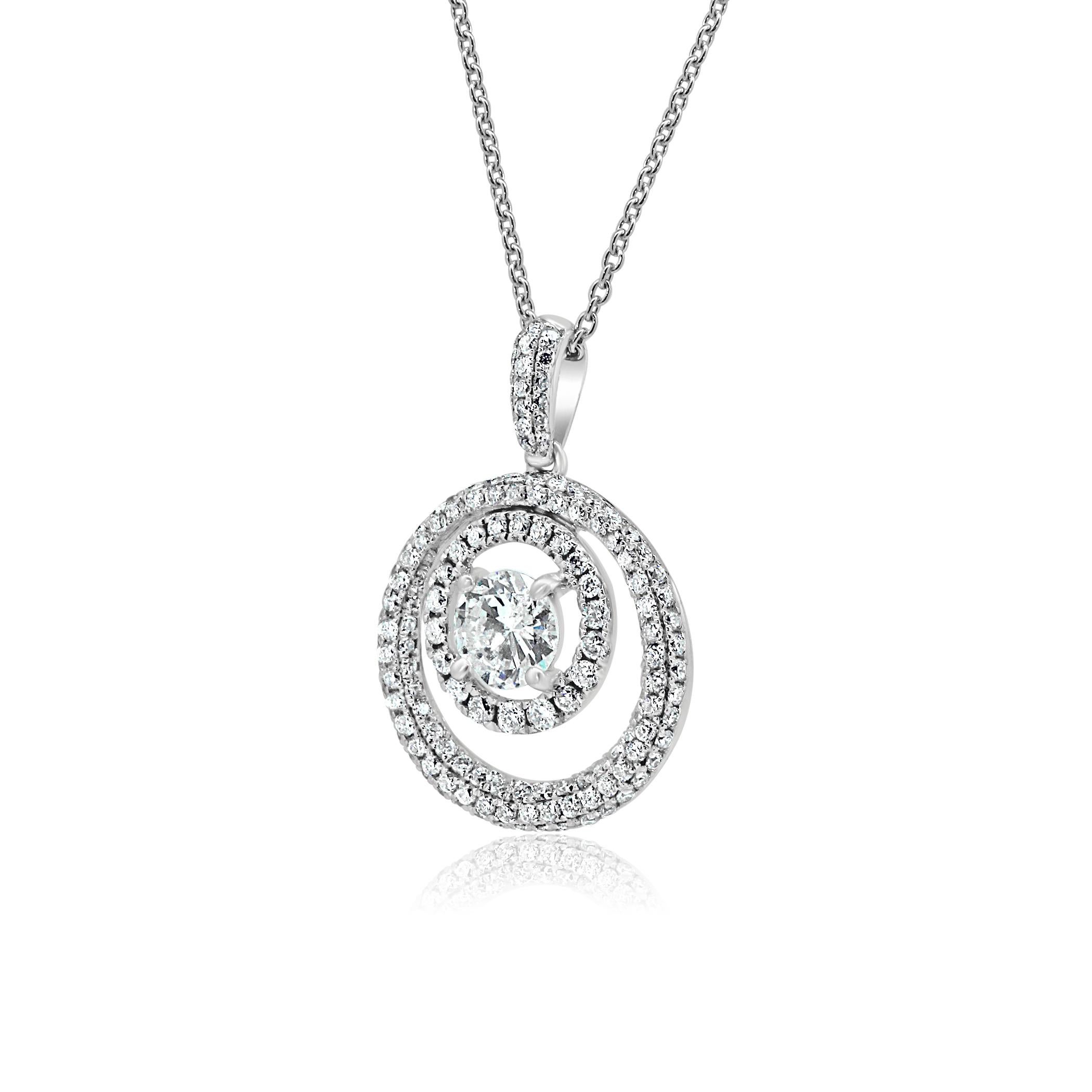 Contemporary 2.05 Carat Total Weight Round Diamond Double Halo Gold Pendant Chain Necklace