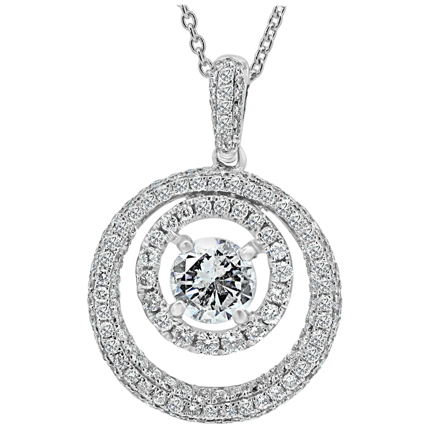 2.05 Carat Total Weight Round Diamond Double Halo Gold Pendant Chain Necklace