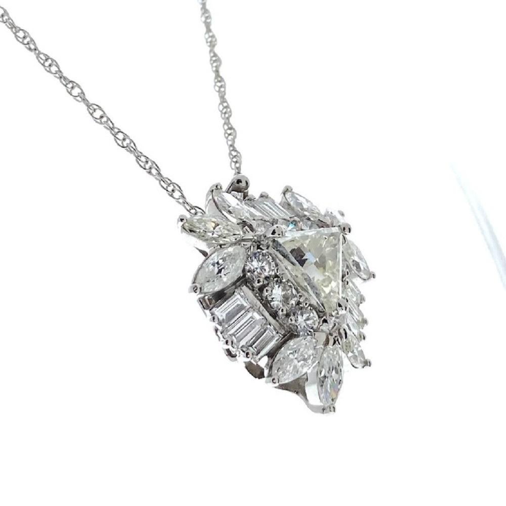 A pendant that is part of the fashion jewelry category, featuring a diamond as the main stone and set in platinum. The specific details you provided include a triangular shape for the pendant and a main diamond with a weight of 2.05 carats. This