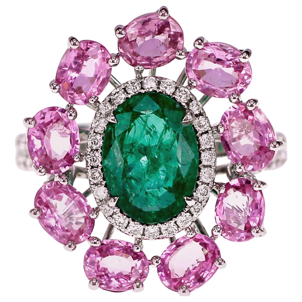 2.05 Carat Vivid Green Emerald and 3.52 Carat Rare Pink Sapphire Party Wear Ring