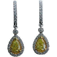 2.05 Carat VS Pear Shape Natural Fancy Yellow Diamond Dangle Earrings