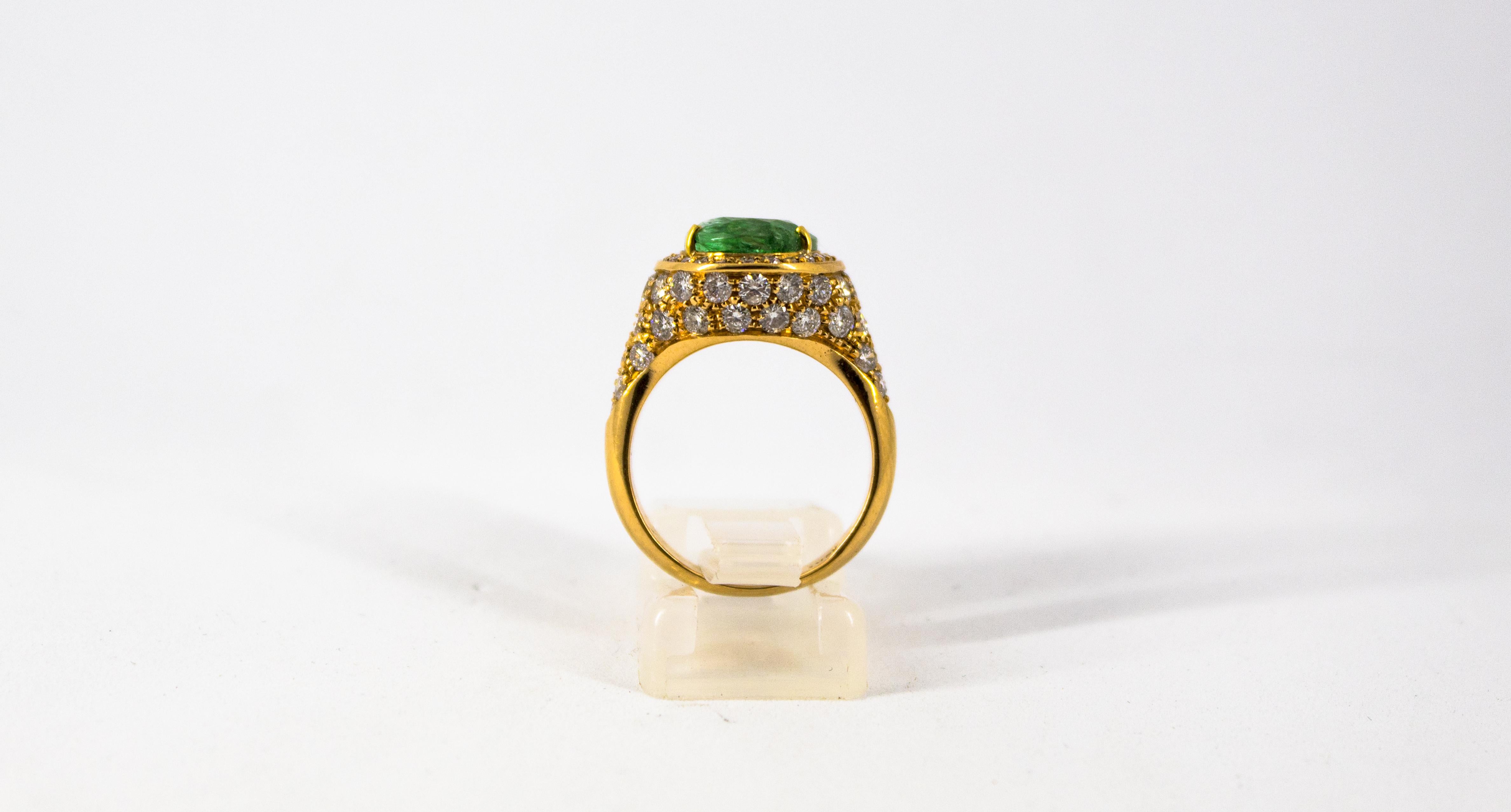 Women's or Men's 2.05 Carat White Diamond 4.45 Carat Emerald Yellow Gold Cocktail Ring