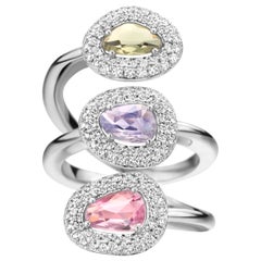 2.05 Carat Yellow, Purple, Pink Sapphire 18 Karat Three-Stone Diamond Coctail Ring