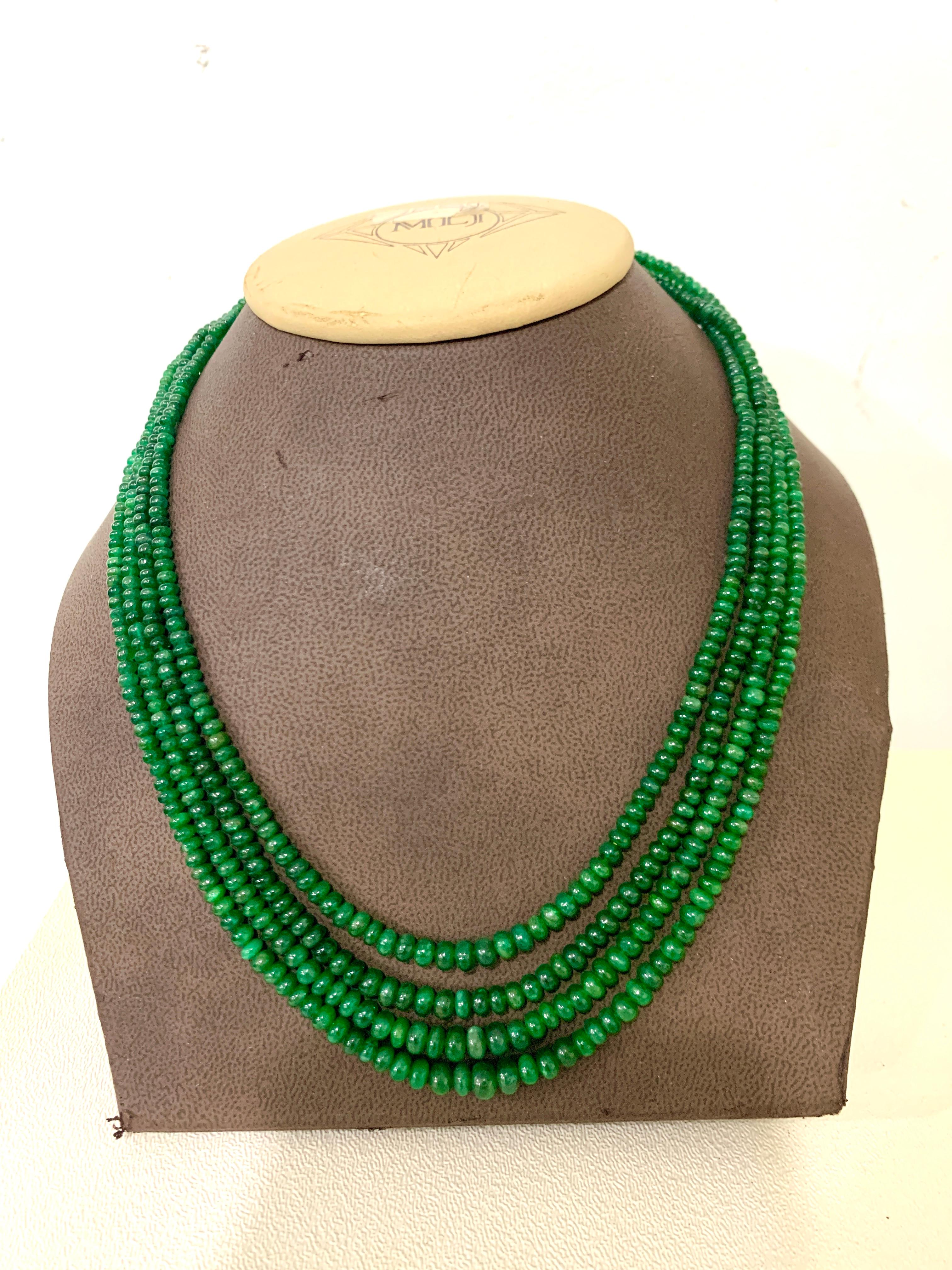 205  Carats 4 Layer Brazilian Emerald Bead Necklace Sterling Silver Clasp
This spectacular Necklace   consisting of approximately 200 Ct   of  Fine Emerald Beads  .
A magnificent emerald bead necklace featuring a large number of Graduating emerald