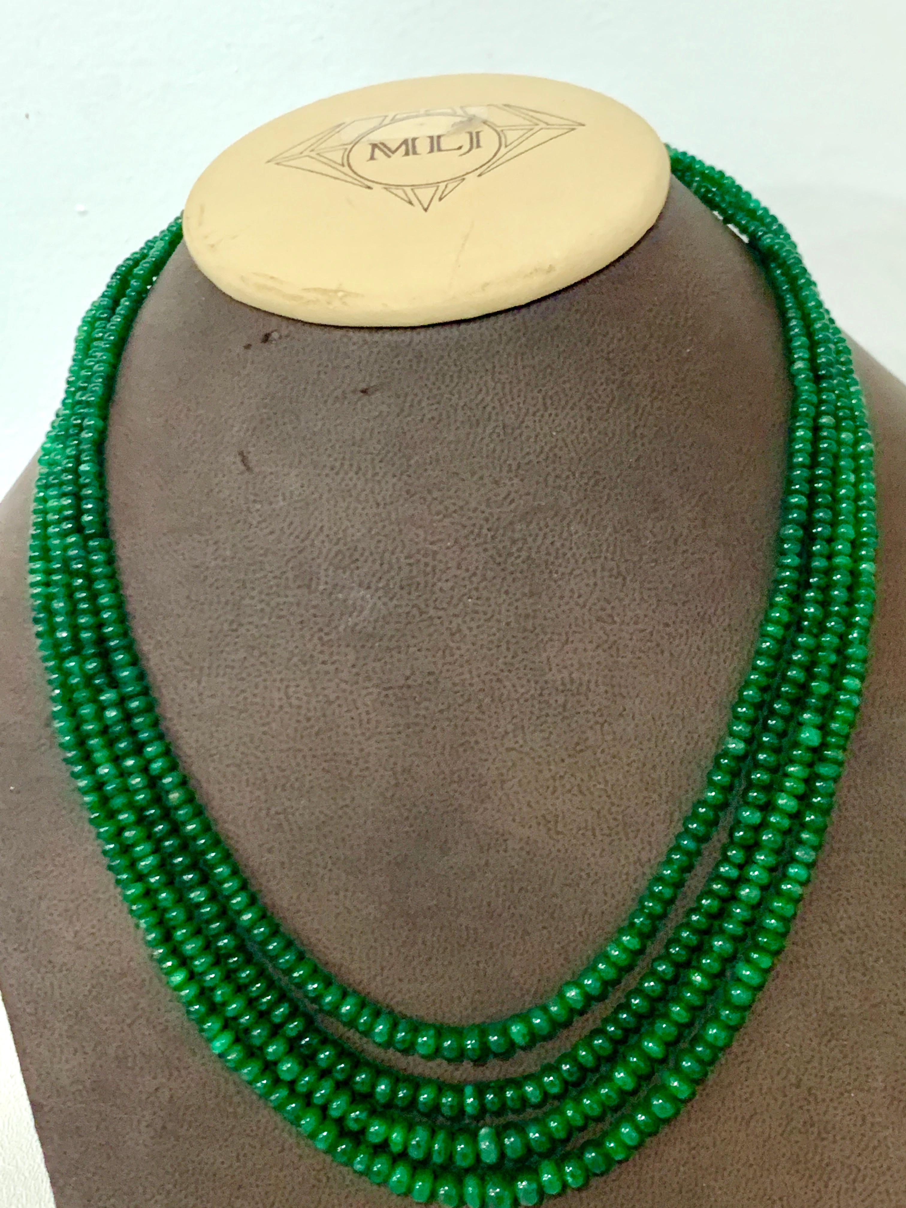 Round Cut 205 Carat 4 Layer Brazilian Emerald Bead Necklace Sterling Silver Clasp