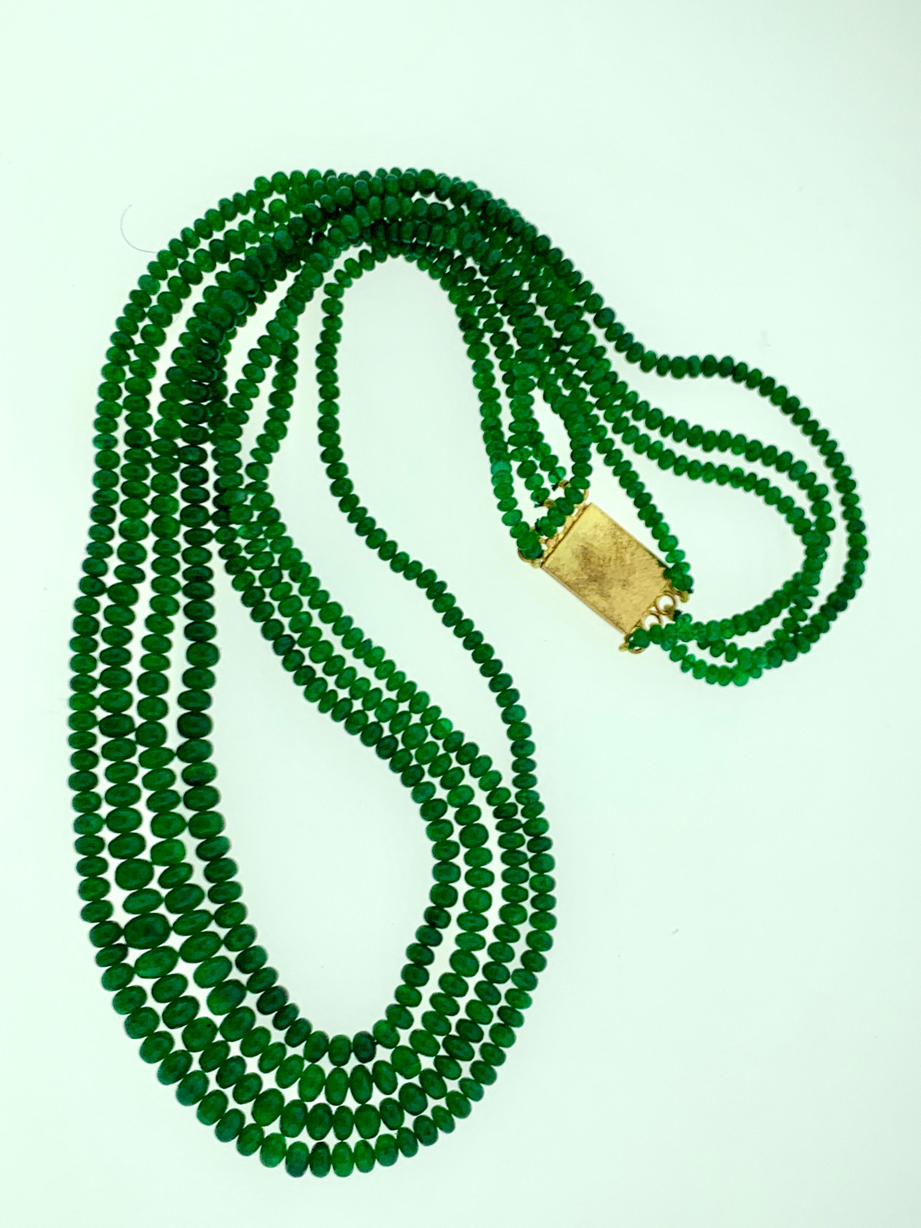 205 Carat 4 Layer Brazilian Emerald Bead Necklace Sterling Silver Clasp In Excellent Condition In New York, NY
