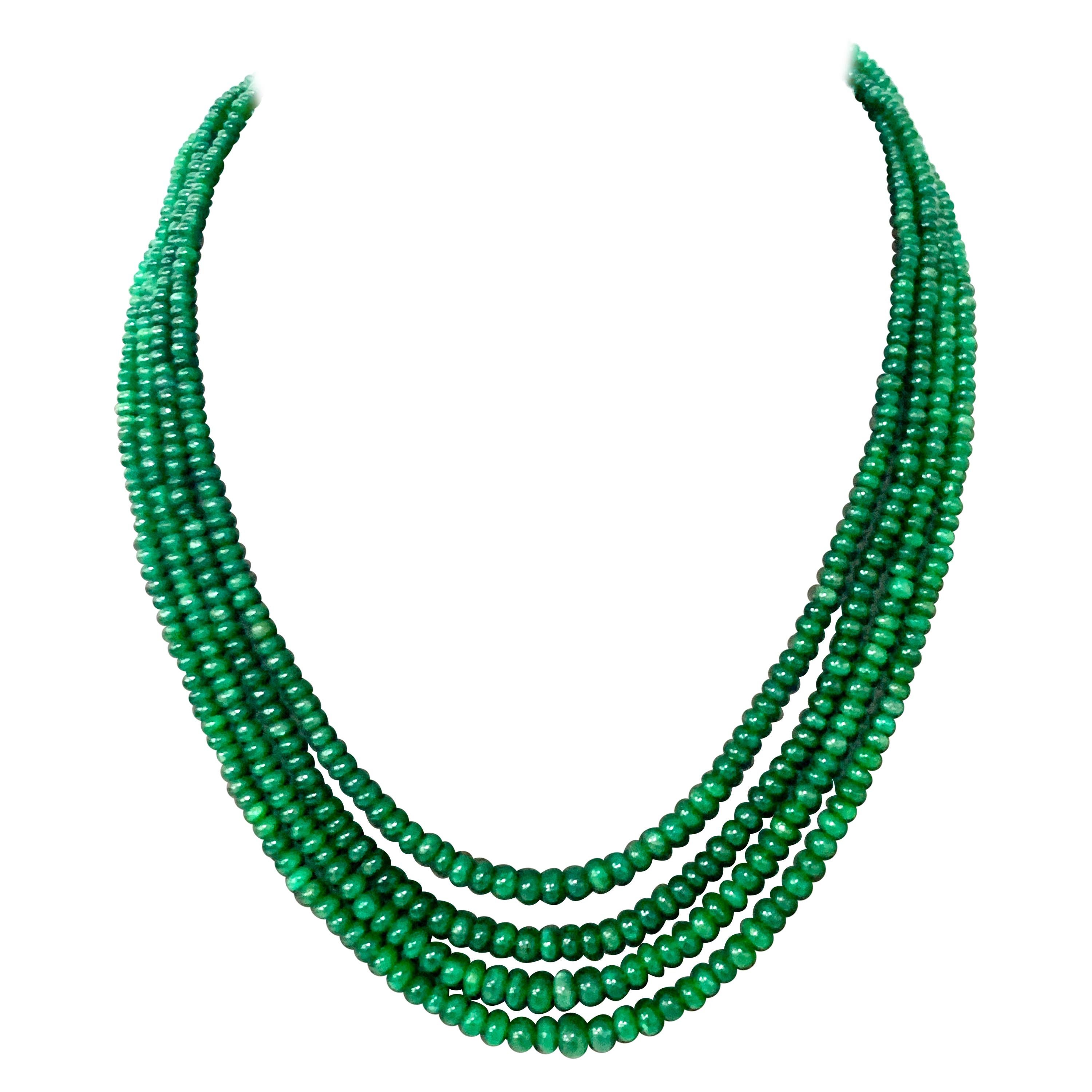 205 Carat 4 Layer Brazilian Emerald Bead Necklace Sterling Silver Clasp
