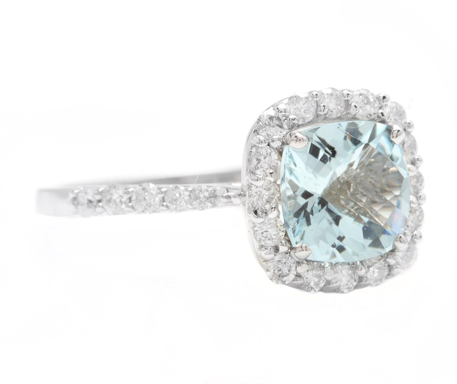 2.05 Carats Natural Aquamarine and Diamond 14K Solid White Gold Ring

Suggested Replacement Value: Approx. $4,000.00

Total Natural Cushion Cut Aquamarine Weights: Approx. 1.50 Carats 

Aquamarine Measures: Approx. 7.30 x 7.30mm

Aquamarine
