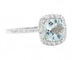 2.05 Carats Natural Aquamarine and Diamond 14K Solid White Gold Ring