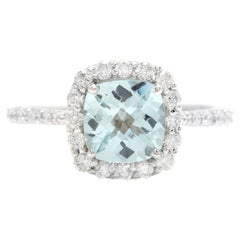 Anillo de oro blanco macizo de 14 quilates con aguamarina natural y diamantes de 2,05 quilates